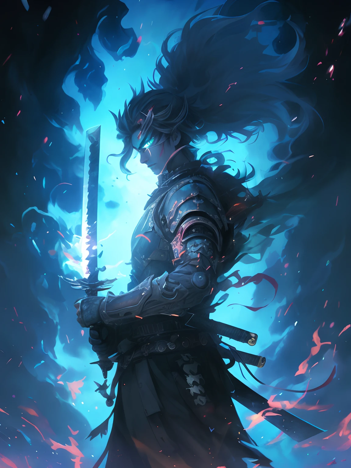 a close up of a person holding a sword in a sky, Badass anime 8 K, Epic fantasy digital art style, demon samurai warrior, Demon Samurai, handsome guy in demon killer art, Detailed bushido form smoke, Epic fantasy art style, demon slayer artstyle, Cyberpunk Samurai, Anime epic artwork, very beautiful cyberpunk samurai, Neon Samurai,Kirin Phantom