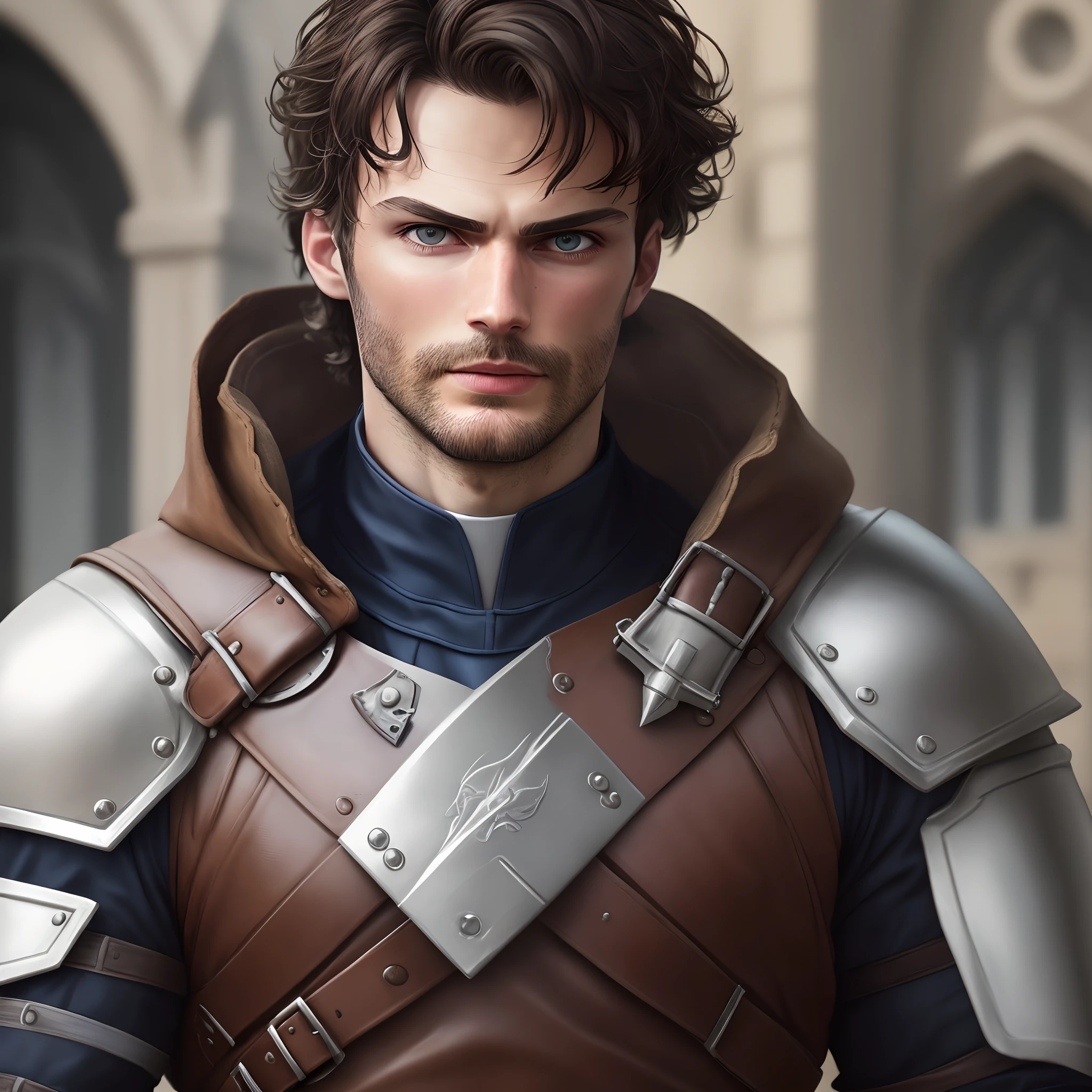 Templar, Using Viking armor, medieval, Knightfall series, dark short hair, focus on the details of the face, serious look looking at the center of the image, wearing tunic, dark beard, similar to actor Jamie Dornan, super detail-oriented, realistic, Jamie Dornan, Templar, blue eyes, cinematic style, Knightfall, 8k resolution, best quality, close up.
