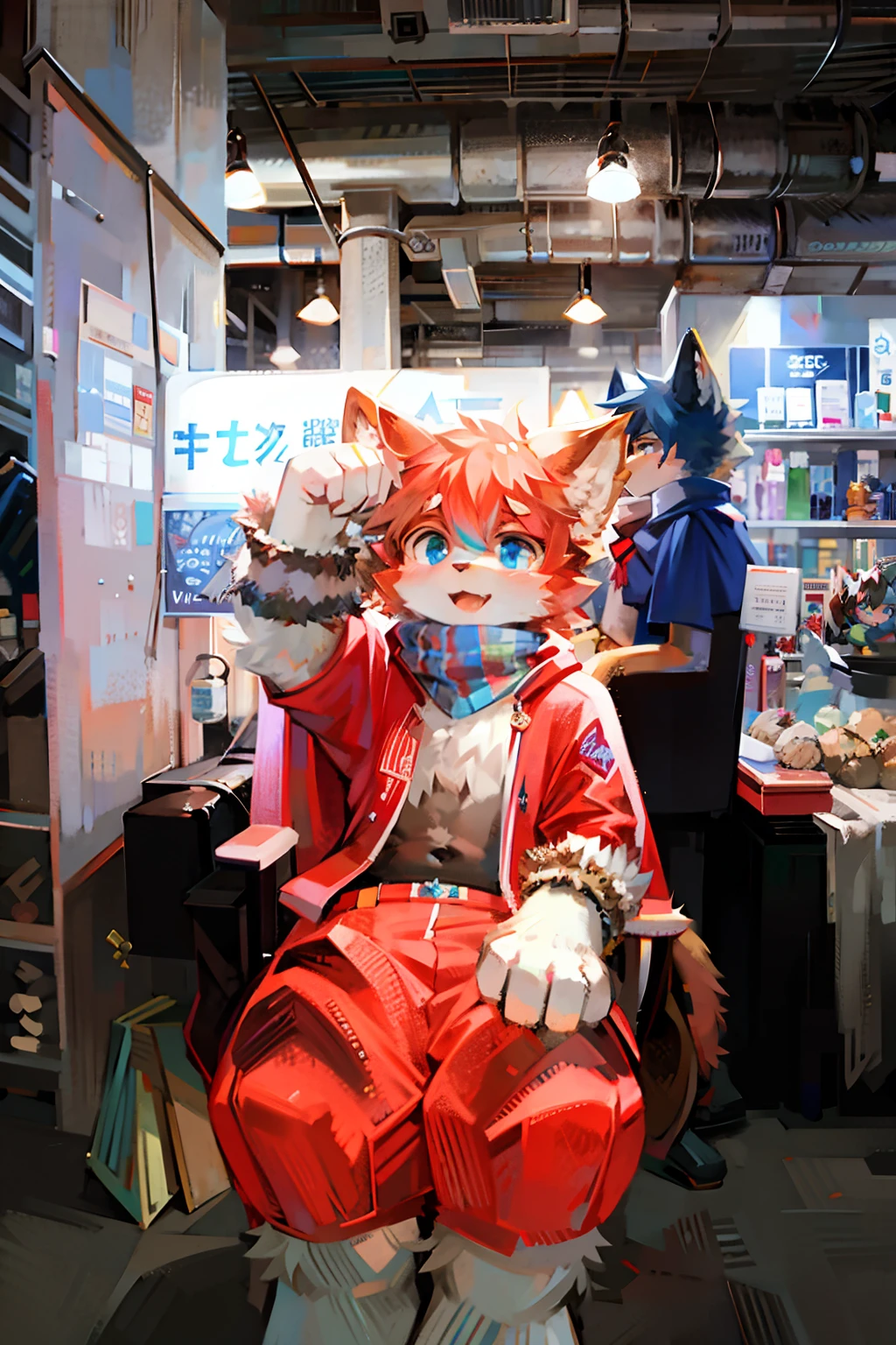 Furry,Furry cat boy,Red cape,Blue scarf,blue color eyes,orange fur,k hd