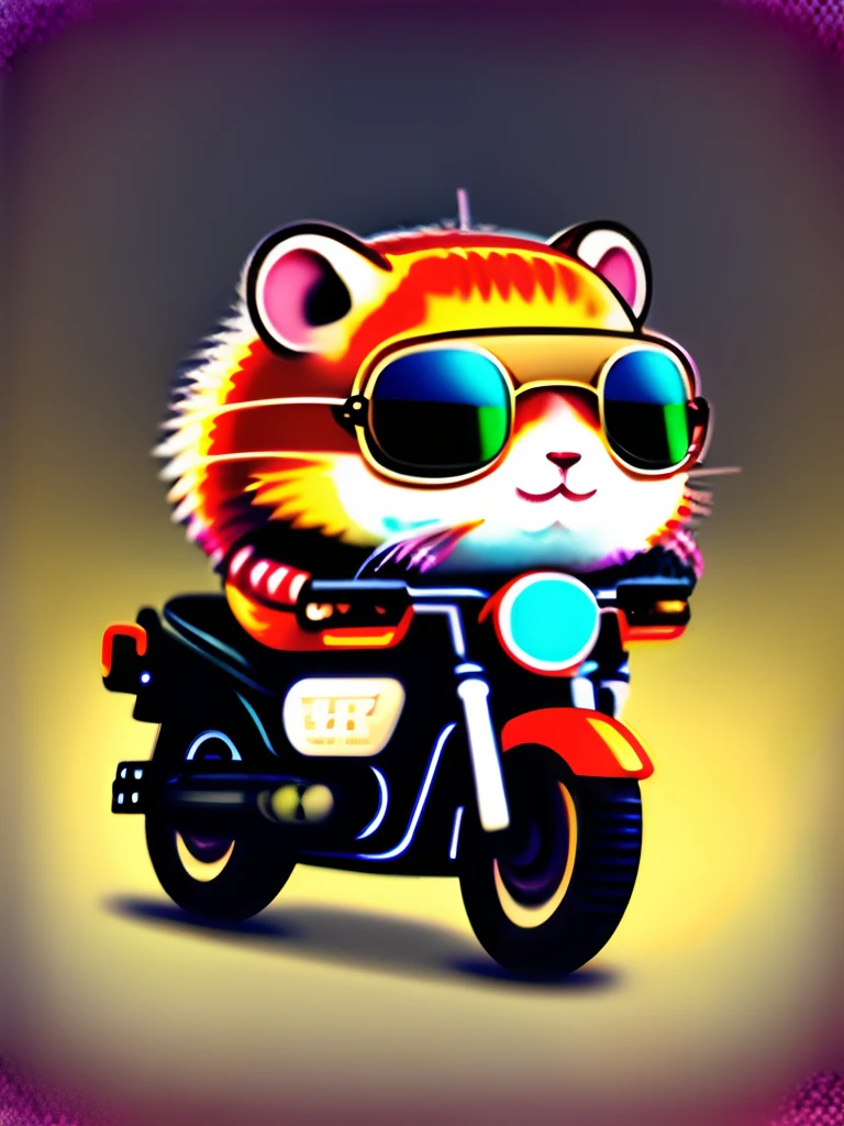 Kawaii hamster riding motorcycle and holding rifle。Female cute hamster is on her back、Aiming with a rifle、wears sunglasses、Gangster hamsters