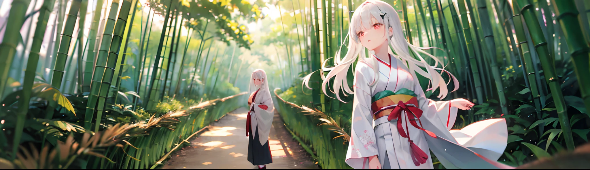 A young girl wearing a white Japanese kimono,Long silver-white hair,Red eyes,White Japanese kimono,outside,bamboo forrest