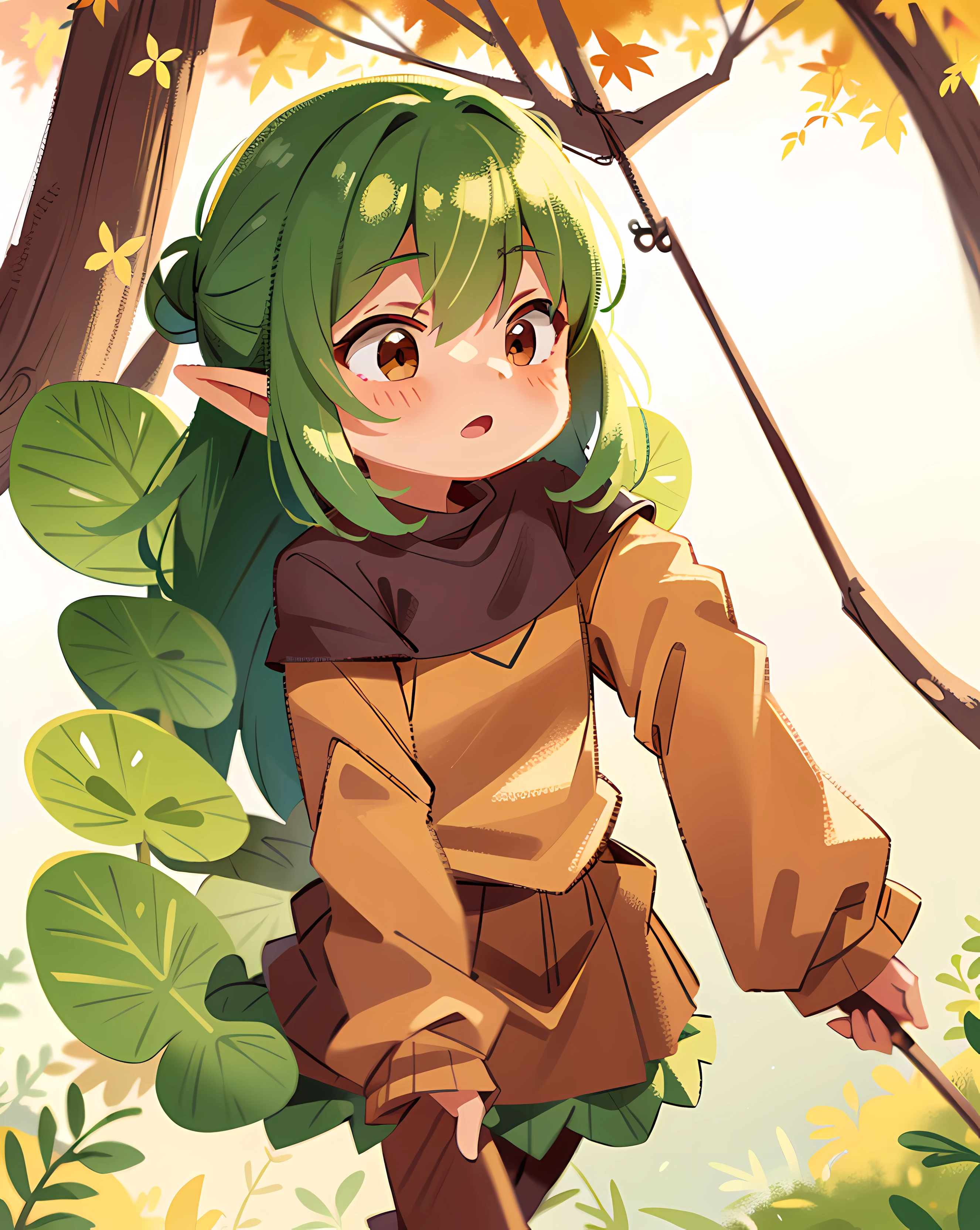 Dressed in small golden leaf elves,In the golden forest,Make cute expressions,Swing with cute movements,autumn background