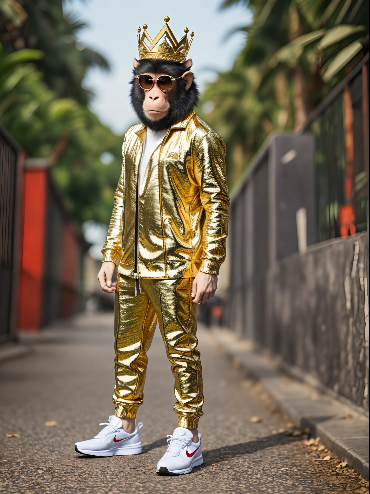 Image of a full body monkey wearing a crown glasses and gold Nike sneakers with diamonds --auto --s2