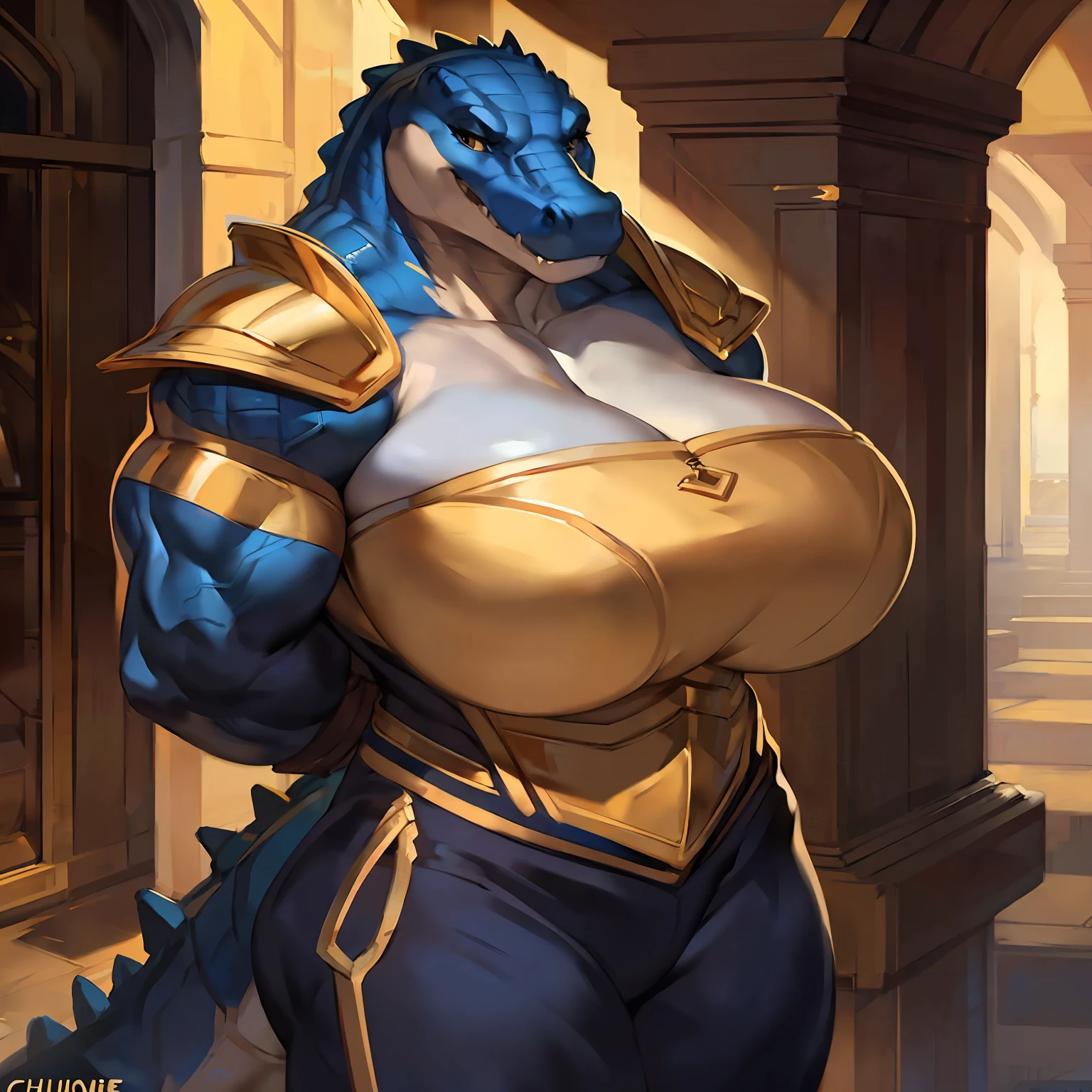 Solo, (((female))), standing, snout, by honovy, by foxovh, by Pixelsketcher, (by chunie, by mystikfox61, by darkgem), detailed eyes, (((massive breasts))), ((eyelashes, alligator)), ((hands behind back, facing viewer)), (((muscular, massive, biceps, broad shoulders))), dark navy blue spacesuit with gold accents, gold shoulder pads, gold armor
