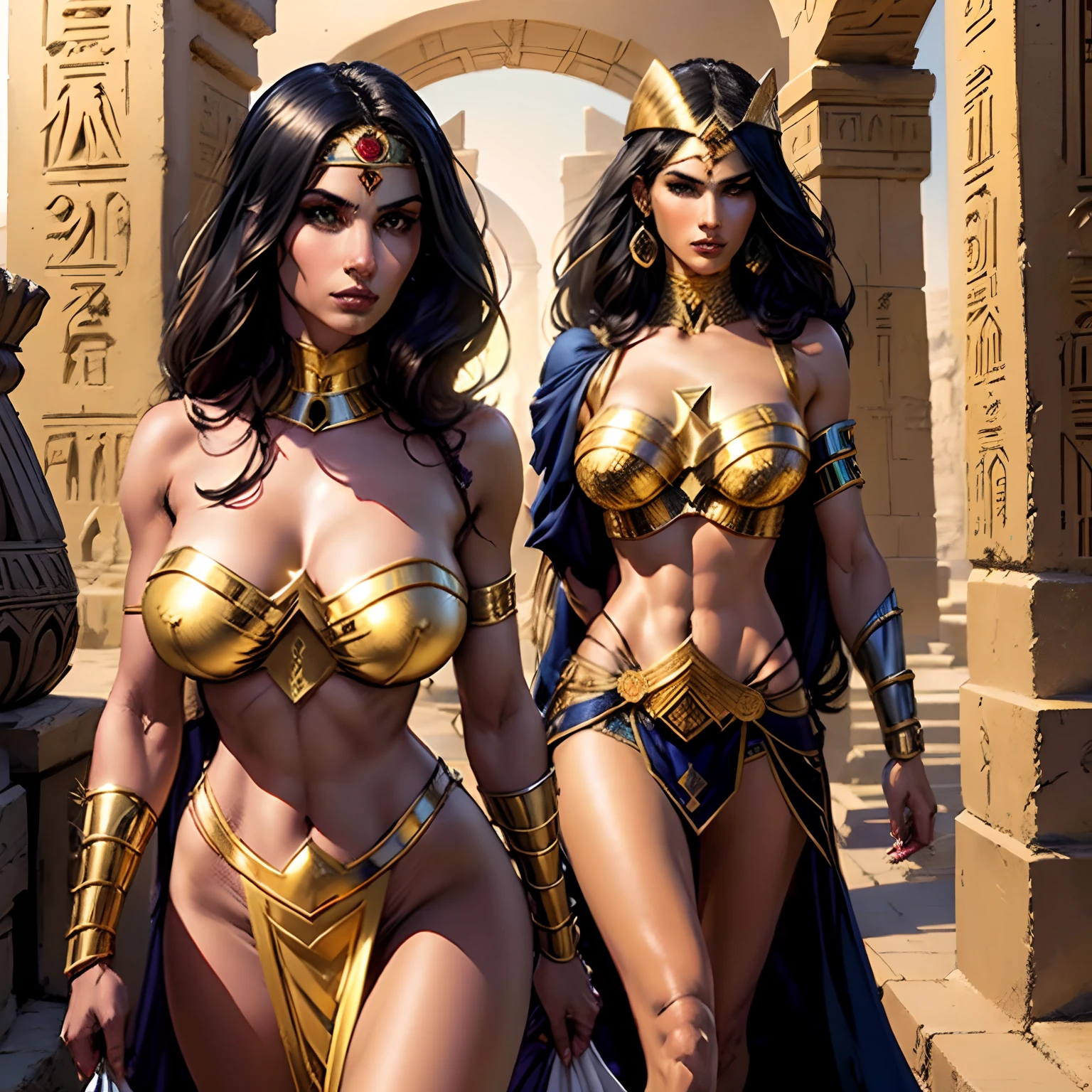 (masterpiece, top quality, best quality, official art, beautiful and aesthetic:1.2), (1girl:1.3), long and straight black hair, tanned skin, extremely detailed, portrait, looking at viewer, solo, (full body:0.6), detailed background, close up, mischievous eyes, (hot summer Egypt theme:1.1), Egyptian duelist woman, heavy Egyptian makeup, winged eyeliner, long neck, Persian nose, bold nose, long nose, arched nose, downturned nose, large nose, dark tan skin, charlatan, smirk, mysterious, walking in desert, revealing white and gold and sapphire Egyptian silks, cobra headdress, white short skirts, criss cross top, criss-cross top, halter top, jewelry, minimal armor, white fabric, gold jewelry, precious stones, dual sickle swords, gigantic breasts, cleavage, skindentation, slim waist, slim hips, long legs, ancient (Egyptian temple exterior:1.1) background, dark mysterious lighting, shadows, magical atmosphere, dutch angle, (((Balsamique)))