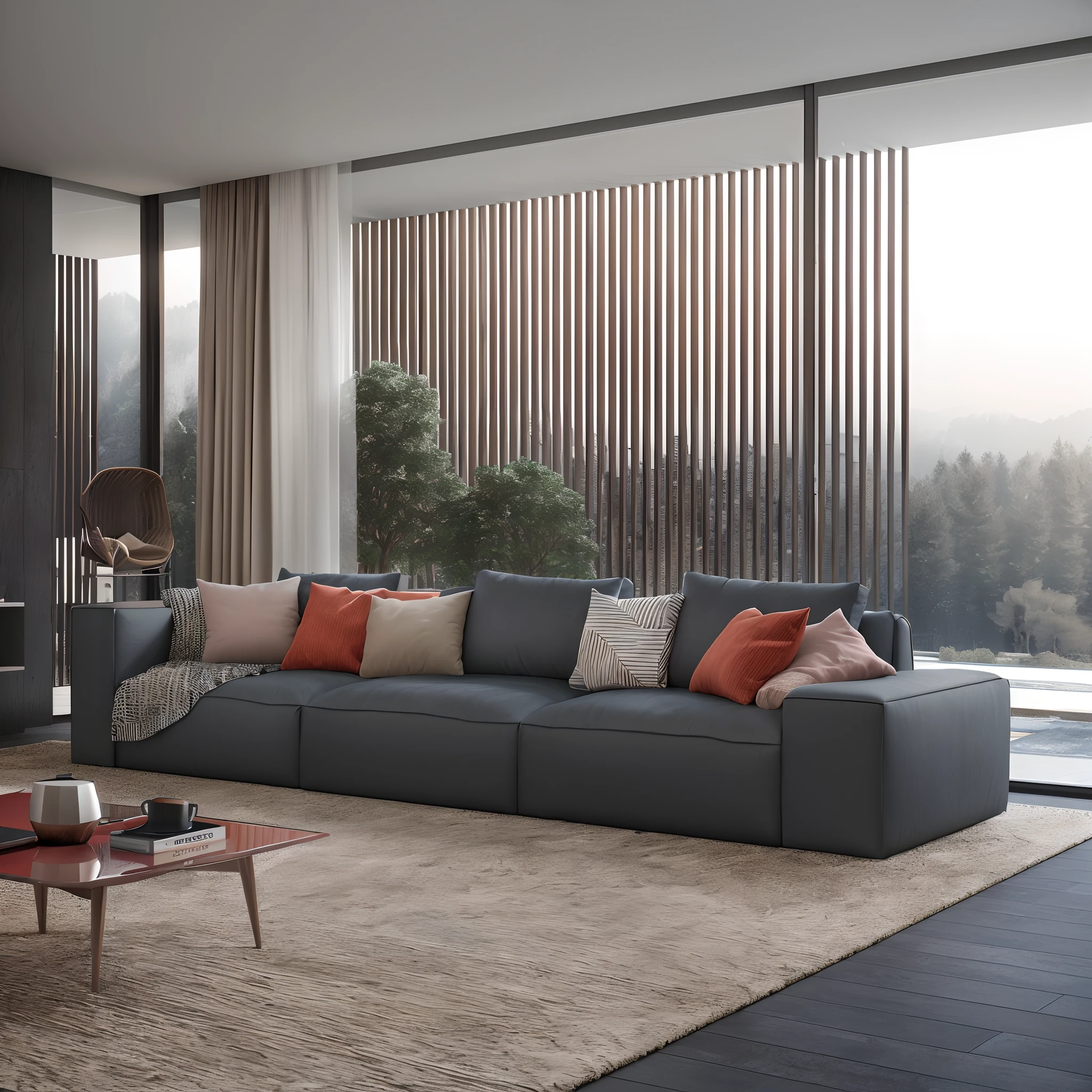 Araffed living room with gray sofa and coffee table, inspired by David Chipperfield, relaxing on a modern couch, high quality 3d render, high quality 3 d render, Have in the living room, Modern living room, photorealistic cinematic render, very realistic 3 d render, placed in a large living room, cozy contemporary living room, luxcore render