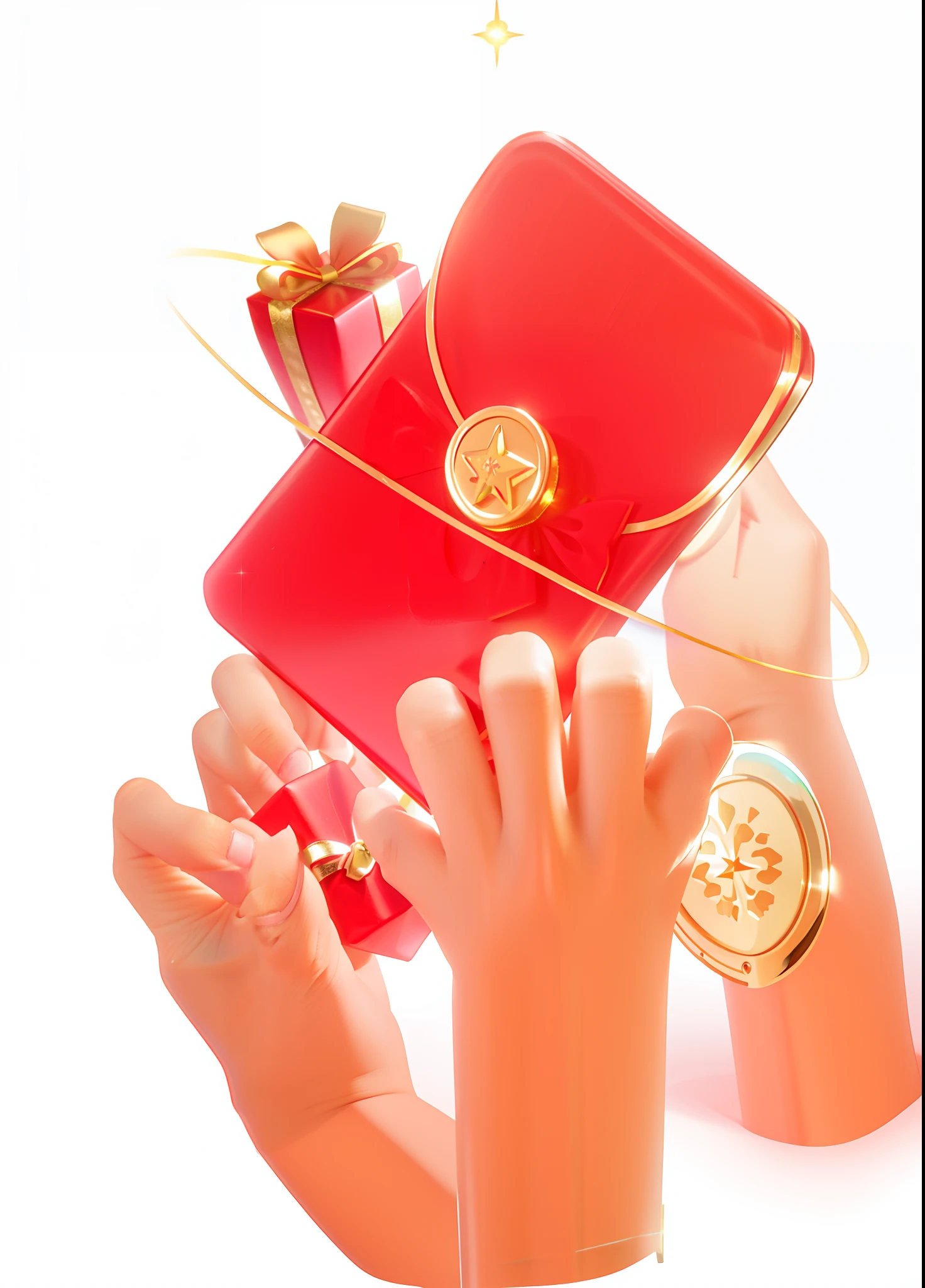 Someone was holding a red box,It has a gold ring and a red ribbon, giving gifts to people, holding gift, Stylized digital illustration, 9K, 9 k, 8 k'' ), Holding gold, 8K)), 8 k'', 8K, Taoist, generous, festivity, 1 2 k, 12K, 🕹️ 😎 🔫 🤖 🚬, Gifts