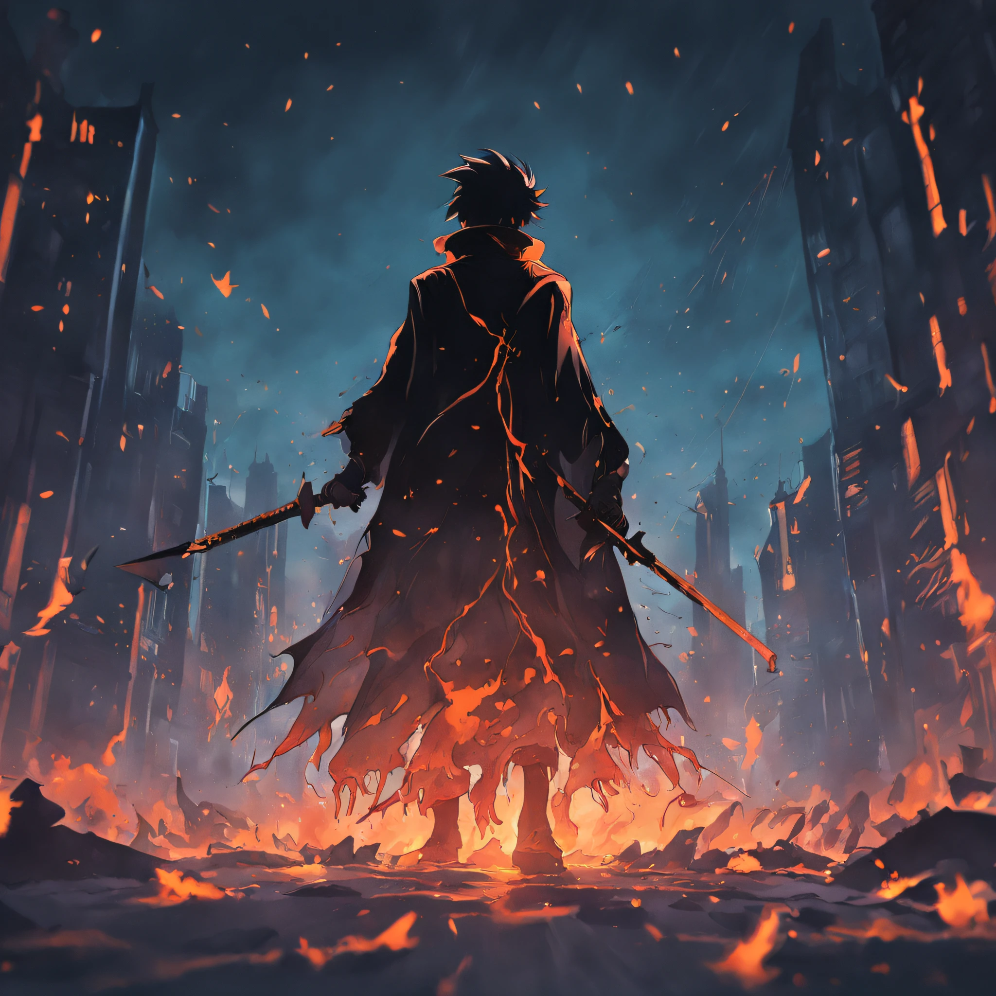 Silhouette of a hunter in the city of Yanan, Bloodborne, Glowing eyes, T-shirt design, dark magic splash, Gothic, Halloween, Burn orange gradient, magic, Nature, Clean background, Magic splash, 3D vector art, Fantasy art, Watercolor effect, Bokeh, Adobe illustrator, Hand-drawn, Digital painting, Soft lighting, Isometric style, retro aesthetic, 4K 分辨率, using Cinema 4D, Natural lighting, Cinematic, Masterpiece, Highly detailed, Intricate, Extreme texture, Horror, Terry Fassing, Creepy, Scary