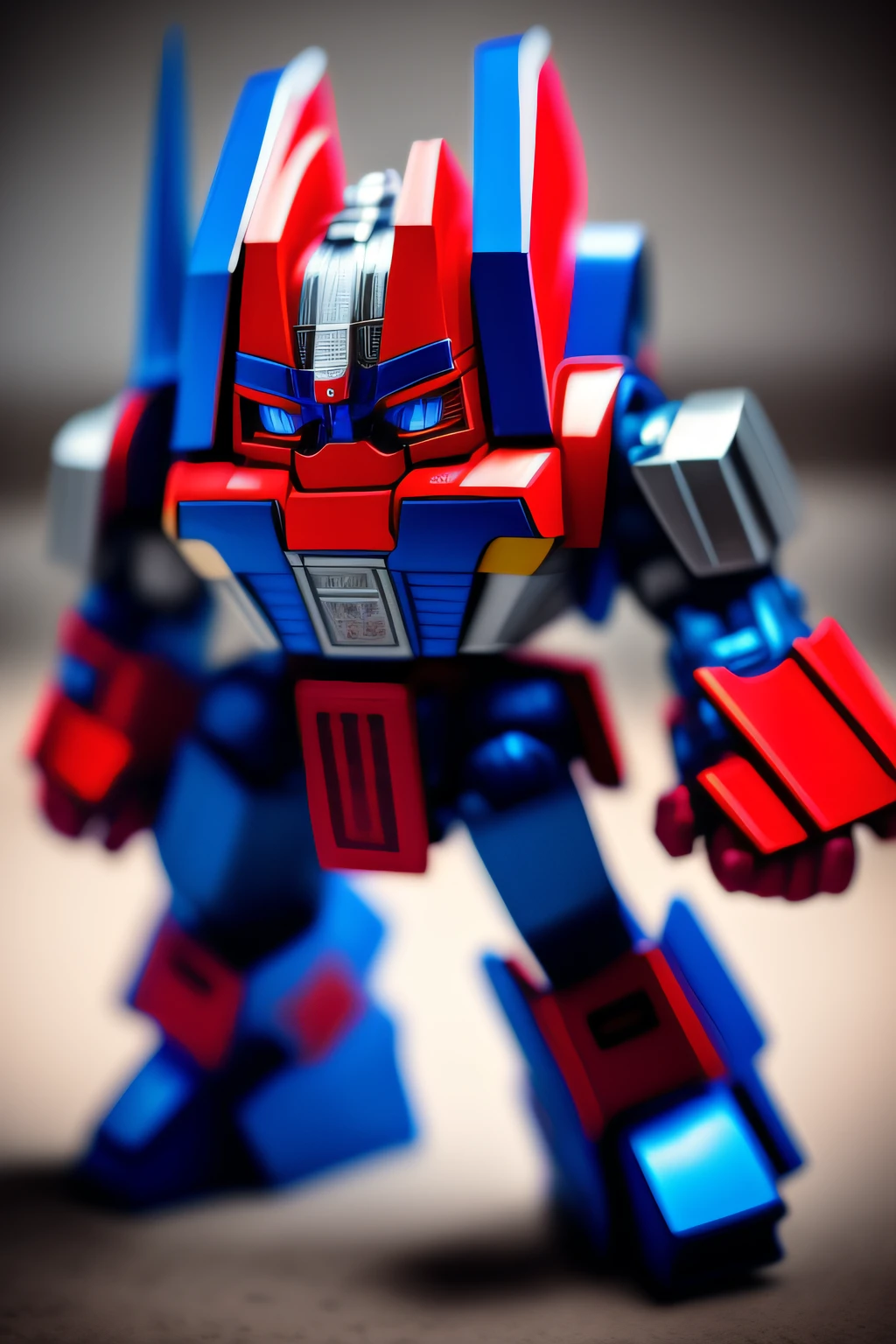 Optimus Prime character of the Turn into Baby version, com olhos grandes, olhando para camera