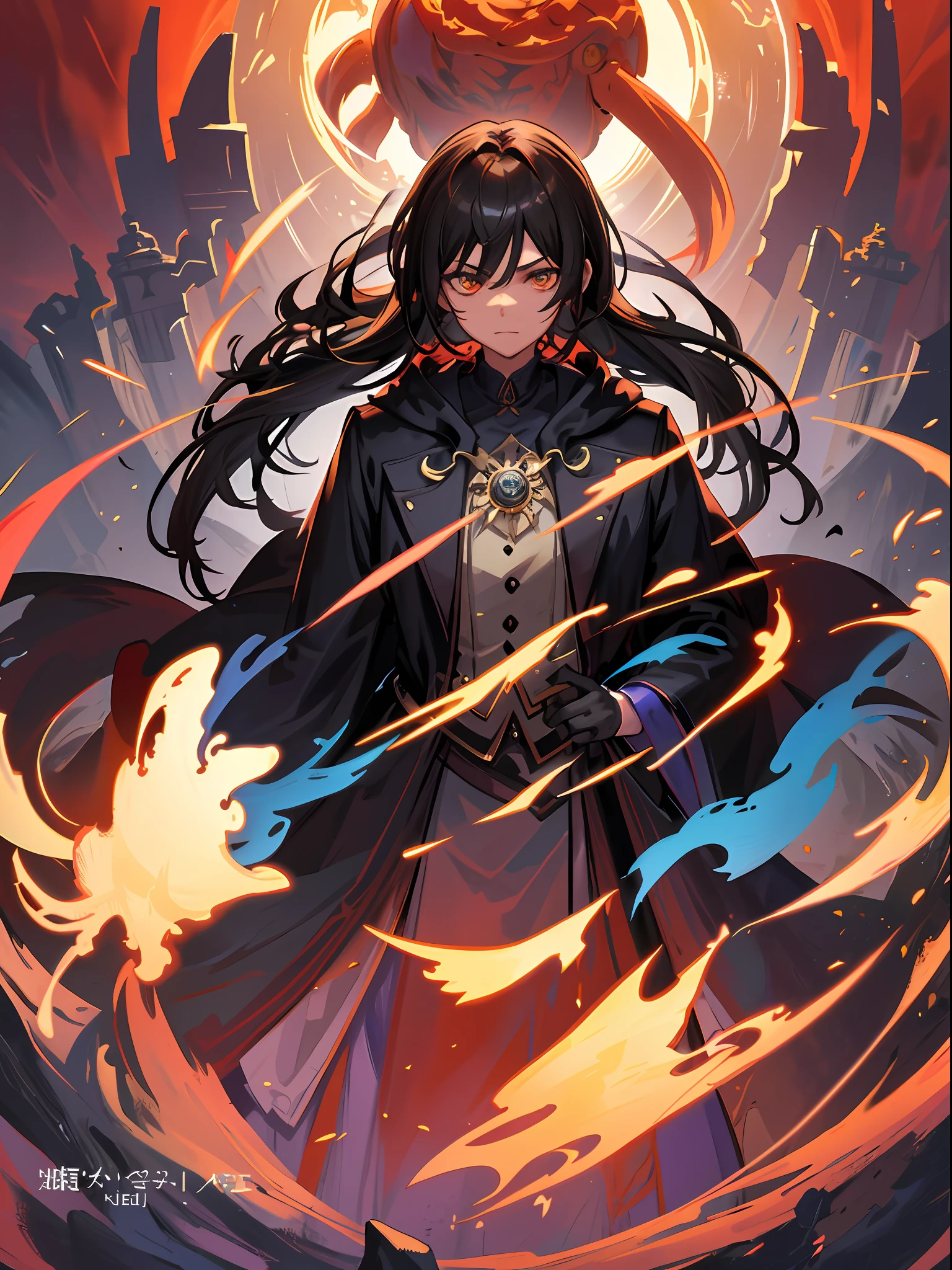 Original Character、Fantasy concept art、Volumetriclighting、best shadow、shallowdepthoffield、Portrait of a young magician、dignified、Poleyn、High quality pattern texture，broad shoulder，extremely hyper。Brunette boy，Black robe，Stand up，arms folded，Gaze at the viewer，Dazzling sunlight，sobu，Rose thorn bush，（HighestQuali，astonishing detail：1.25），（独奏：1.3），Brilliant and colorful paintings