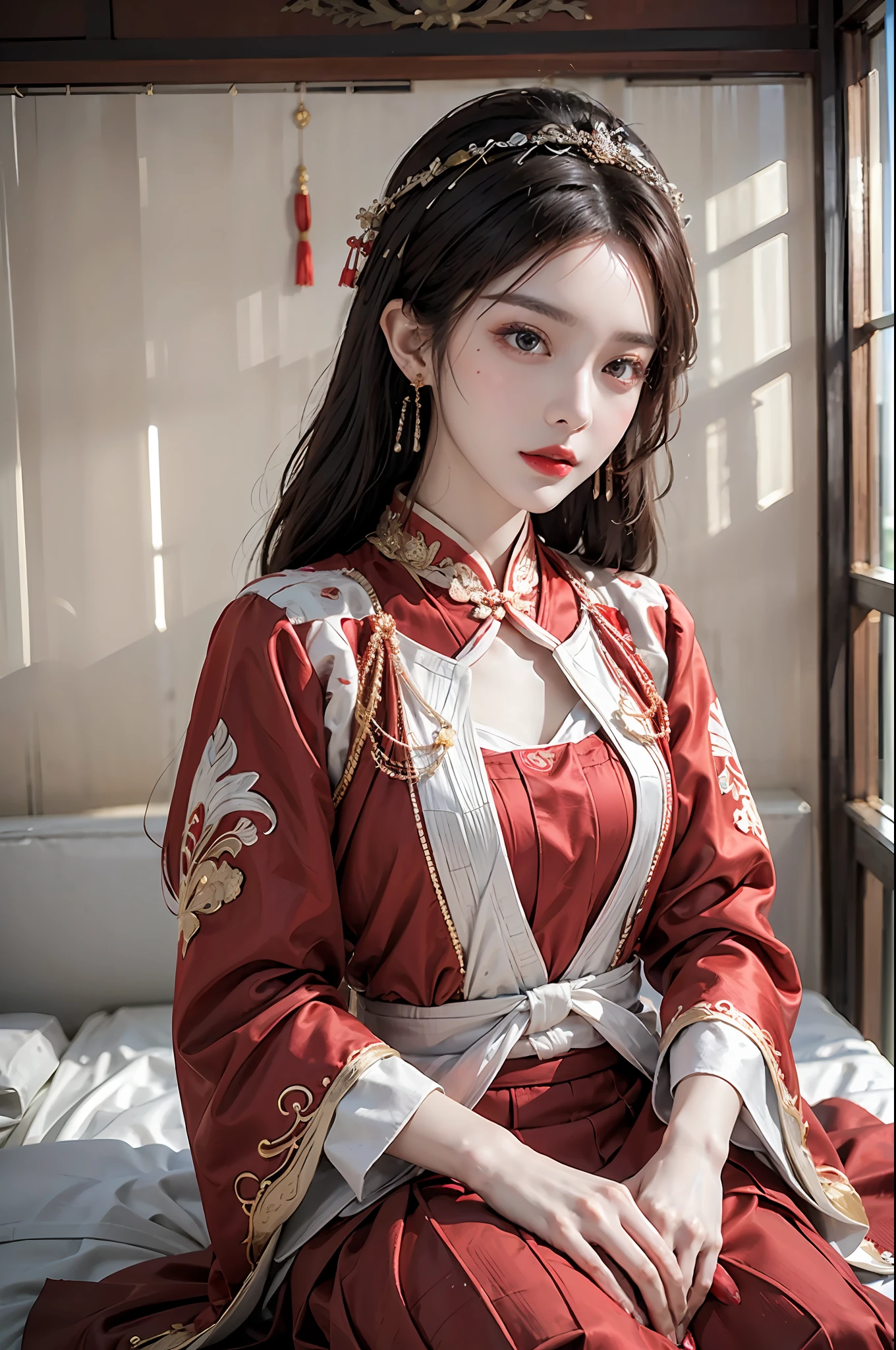 (ultra realistic 8k CG:1.2),perfect artwork,delicate pattern,intricate detail, (unparalleled masterpiece,best quality:1.2),(extremely intricate:1.2),a woman in a red and gold dress, Phoenix crown,hair stick,(sitting on red bed),Cosmetic,blush,shy,black_hair, looking down, Cosmetic,(forehead dot),(2 red candles), chinese_clothes, curtains, earrings, white hair, hair_ornament, hanfu, indoors, jewelry, red nails, long_sleeves, red dress, red lips, tassel, (Red quilt),(red palace:1.2),(ancient Chinese architecture),(red:1.8),night