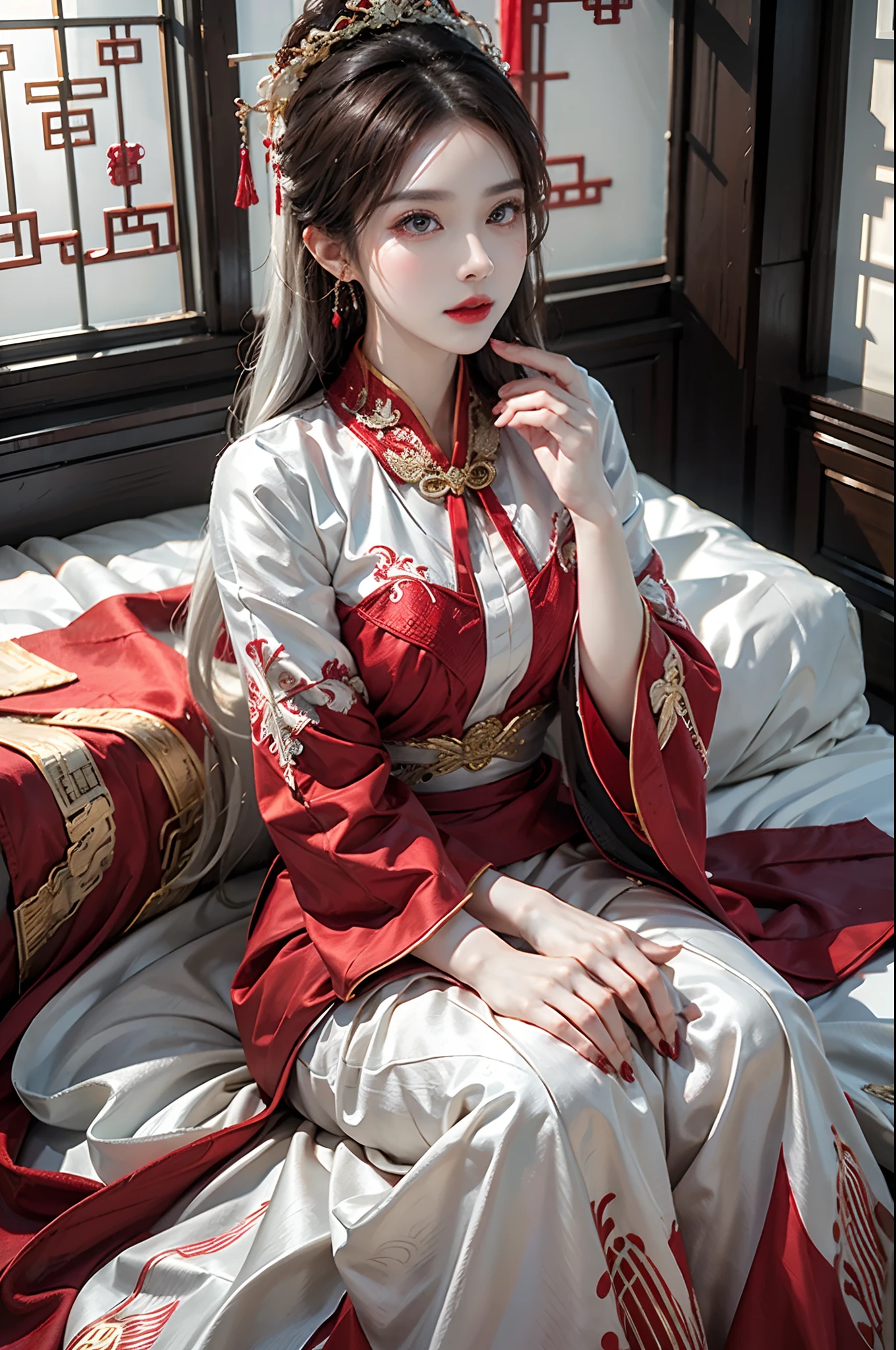 (ultra realistic 8k CG:1.2),perfect artwork,delicate pattern,intricate detail, (unparalleled masterpiece,best quality:1.2),(extremely intricate:1.2),a woman in a red and gold dress, Phoenix crown,hair stick,(sitting on red bed),Cosmetic,blush,shy,black_hair, looking down, Cosmetic,(forehead dot),(2 red candles), chinese_clothes, curtains, earrings, white hair, hair_ornament, hanfu, indoors, jewelry, red nails, long_sleeves, red dress, red lips, tassel, (Red quilt),(red palace:1.2),(ancient Chinese architecture),(red:1.8),night