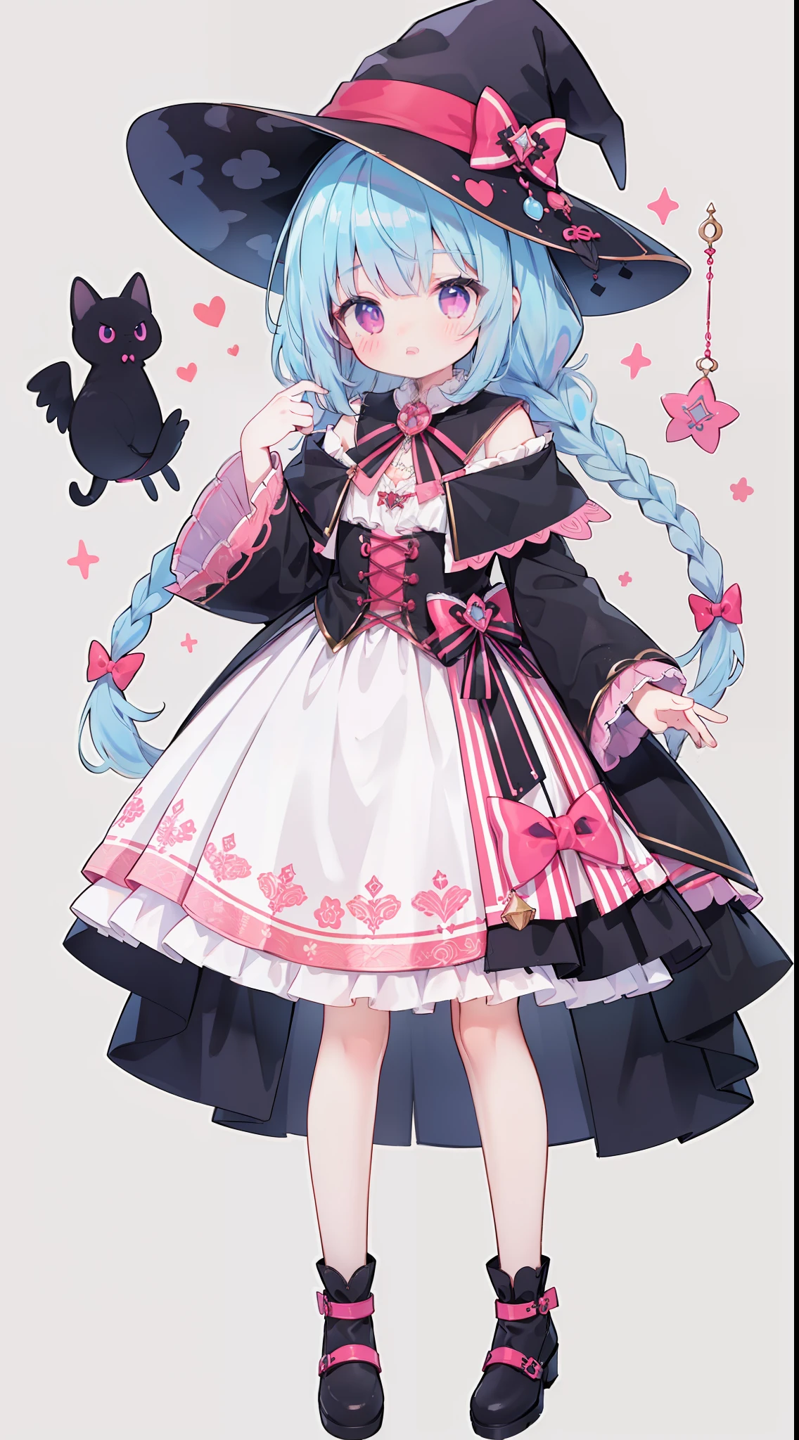 1 girl in、((full body Esbian、Standing picture))、high-level image quality、​masterpiece、top-quality、Light blue hair、Braids on the sides、(1 braid hair)、Pink eyes、Dressed as a witch、kawaii、witch's hat、[[[[Cat's ears]]]]、Background with decoration