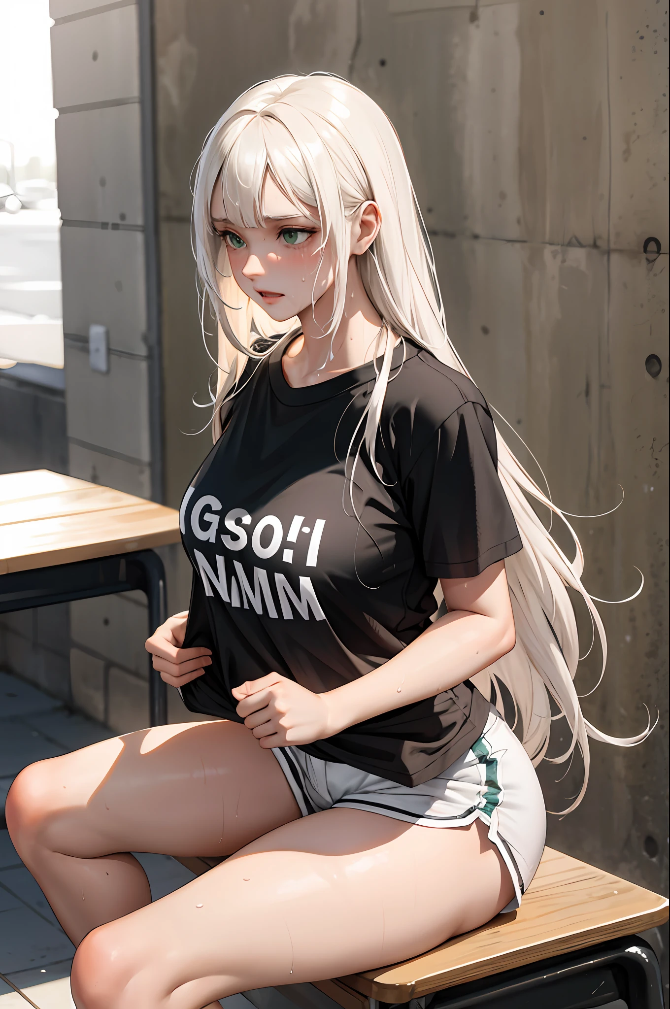 (masterpiece:1.2, best quality), (real picture, intricate details), 1lady, solo, whole body, sitting down, casual, long hair, minimal makeup, natural fabrics, school, really long light platinum blonde hair, bangs, green eyes, big breasts, school PE shorts, small shorts, athletic shorts, wet, sweaty transparent white t-shirt, wet t-shirt, school PE t-shirt, plump breasts, thin waist, sweaty, tired, red face, sweaty body, glistening.