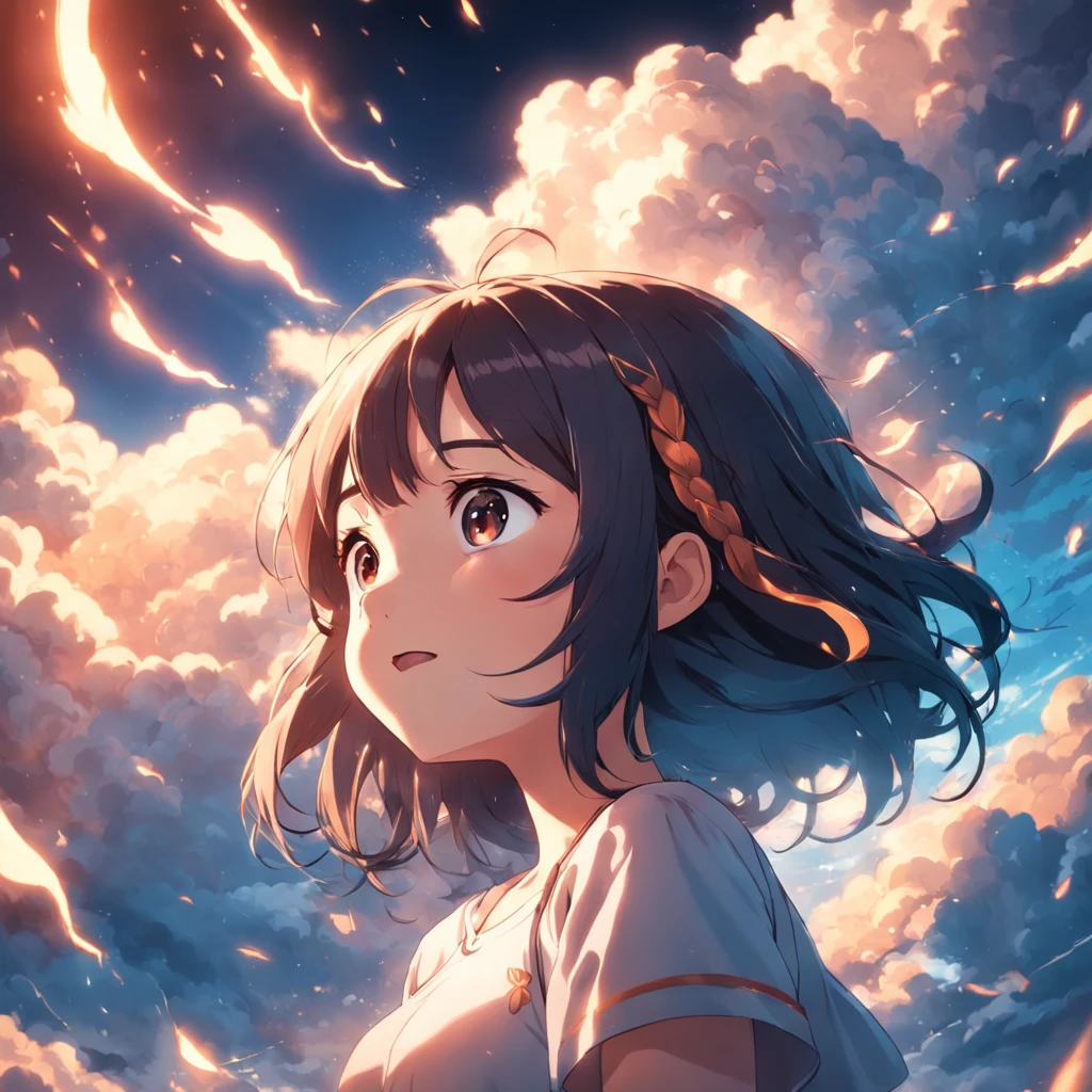 masterpiece, best quality, movie still, 1girl, cloud girl, floating in the sky, close-up, bright, happy, warm soft lighting, sunset, (sparks:0.7)