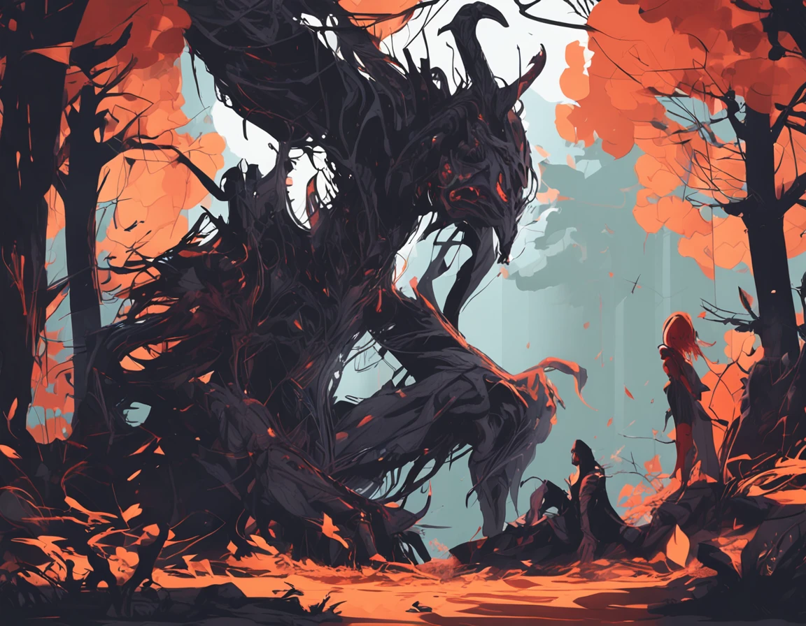 Abstract art of a shadow demon girl seducing an innocent young man in a forest ，Woman Monster，8K, Super detail, ccurate, Full body like，Best quality, Masterpiece, Super detail, High details, High quality, Best quality, A high resolution