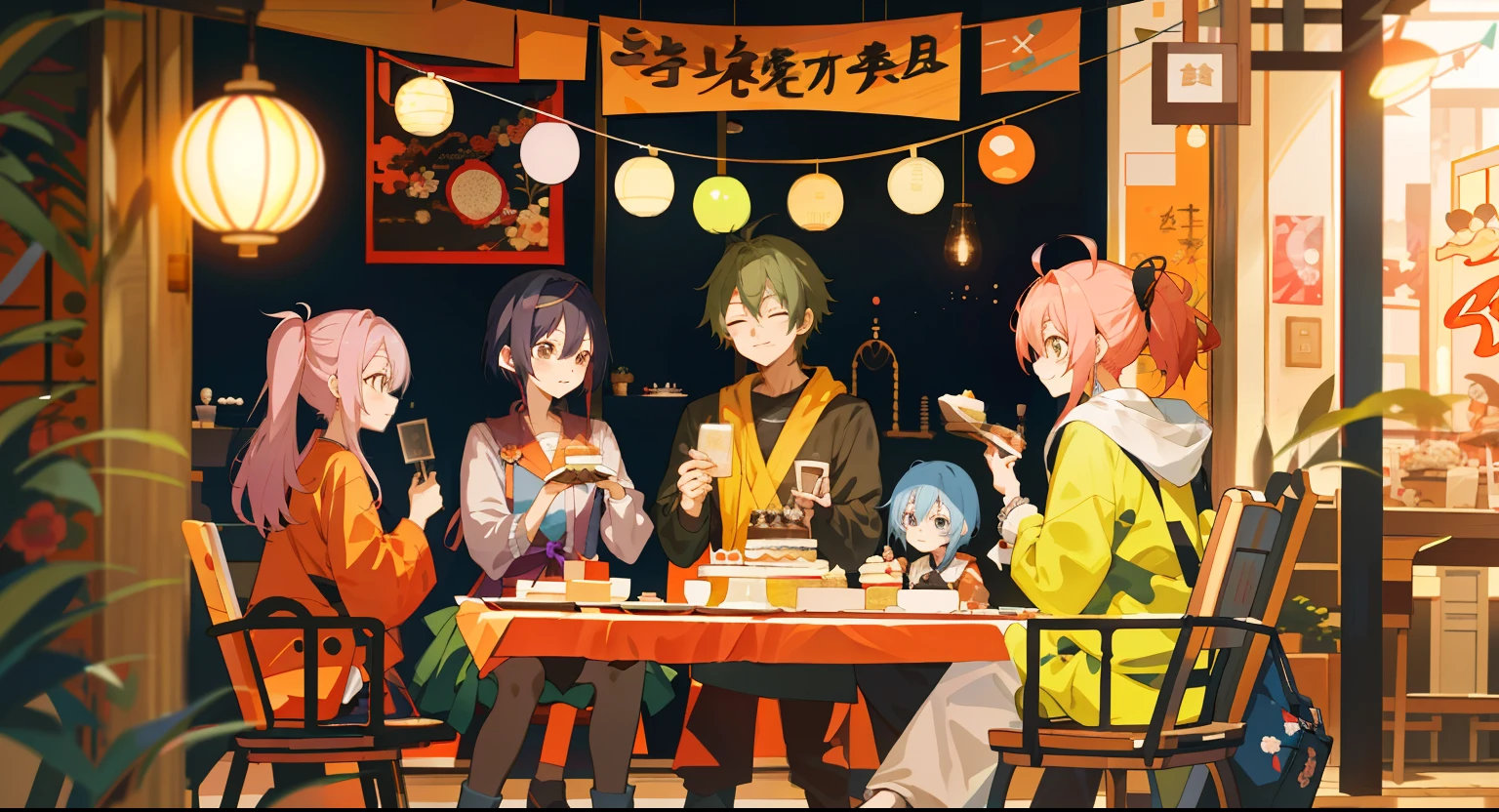 Anime characters sitting at tables holding cakes and candles, anime party of friend of wisdom, style of anime4 K, Anime art wallpaper 8 K, Guviz-style artwork, Family dinner, author：Shitao, 4k manga wallpapers, zerochan art, Guweiz in Pixiv ArtStation, author：New Art, zerochan