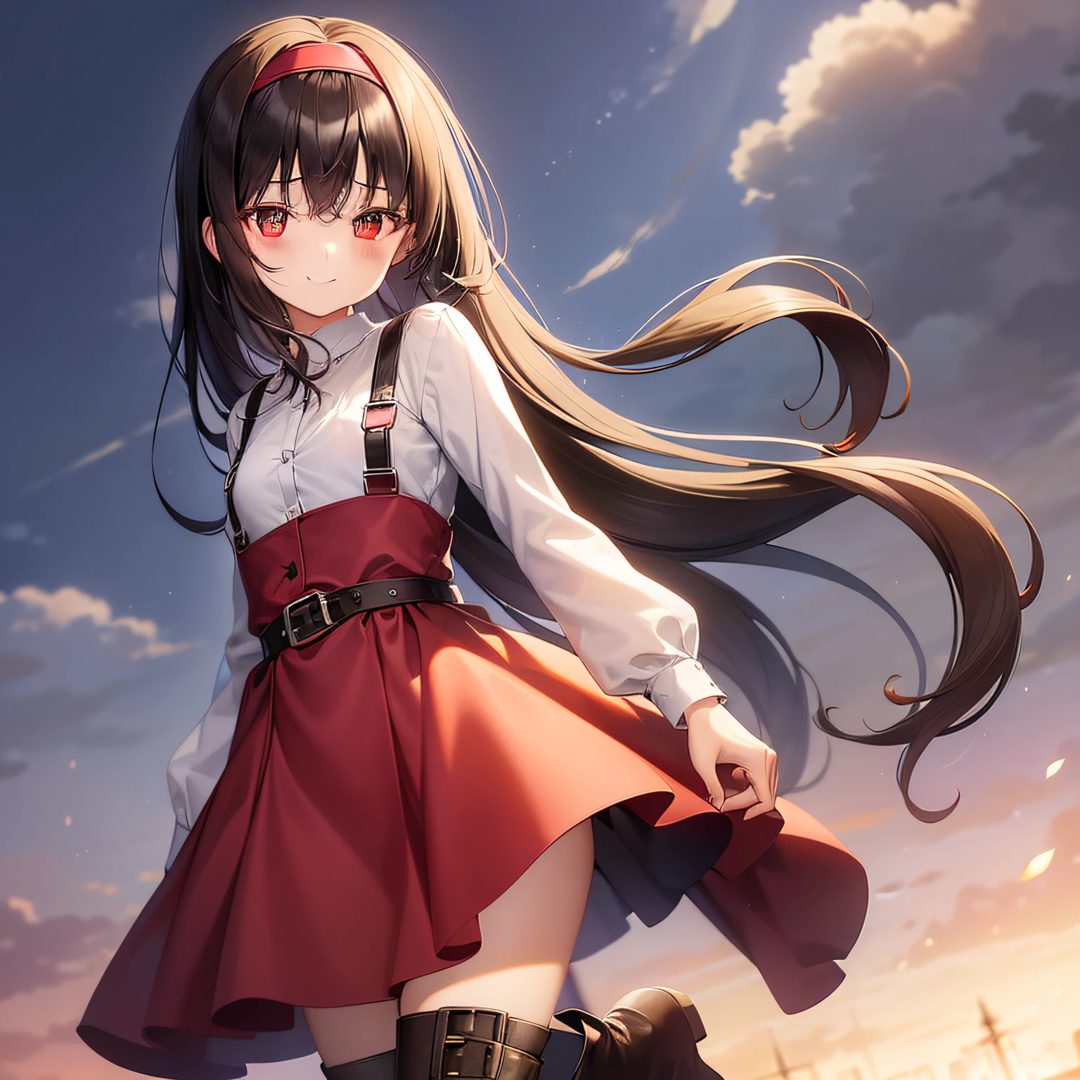 top-quality、extremely delicate and beautiful、(((Only 1 person)))、11 year old、(Dark hair)、Gray clothes with vertical buttons、Belt at waist、grey miniskirt、((poneyTail))、(red hairband)、(Brown boots)、Red-eyed、A smile、