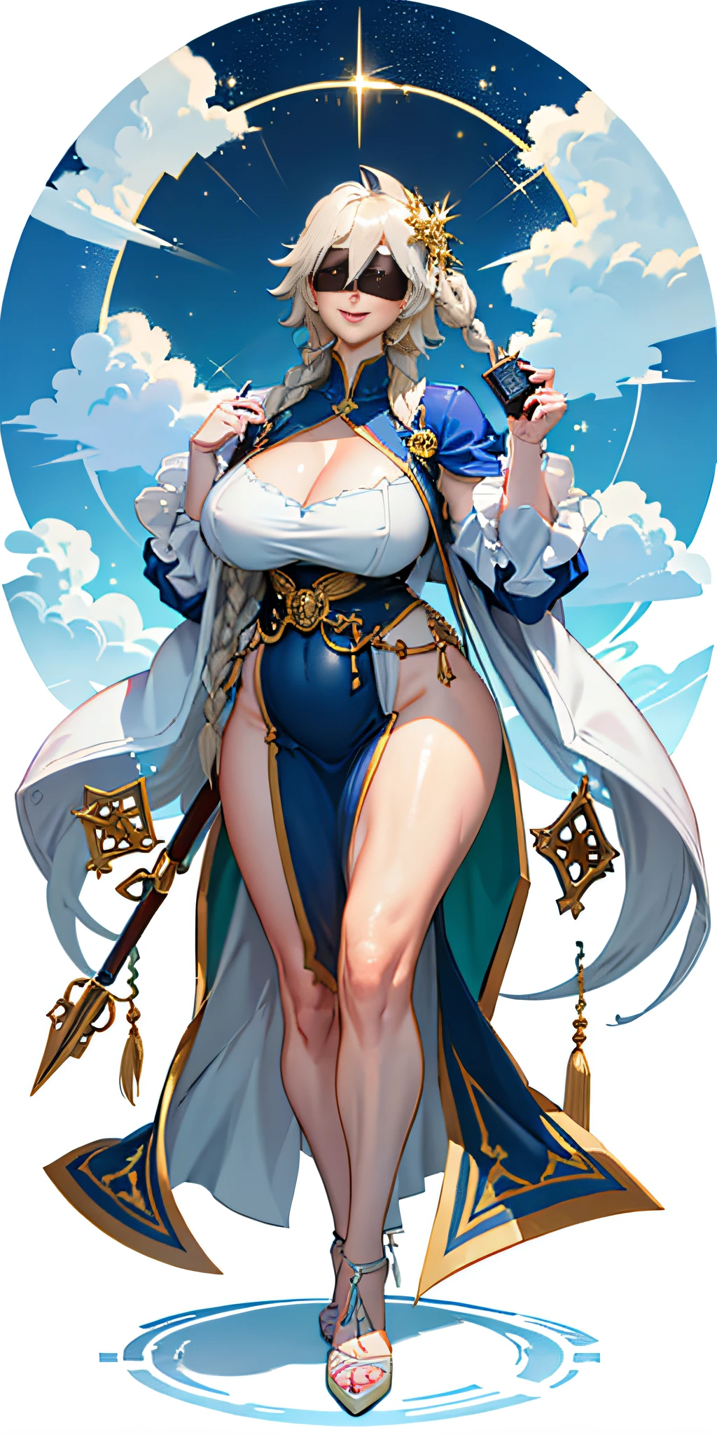 (masterpiece, hiquality: 1.1) 1girl full body standing good face, nice ass, hairstyle: braid, Color Hair: White long hair, Blindfolded: NO EYES, Skin: White (porcelain skin, sparkly skin), muscular, thights, mature woman, abs, looks at the viewer smiling, extremely huge breasts, maternal, chest cover with clothes