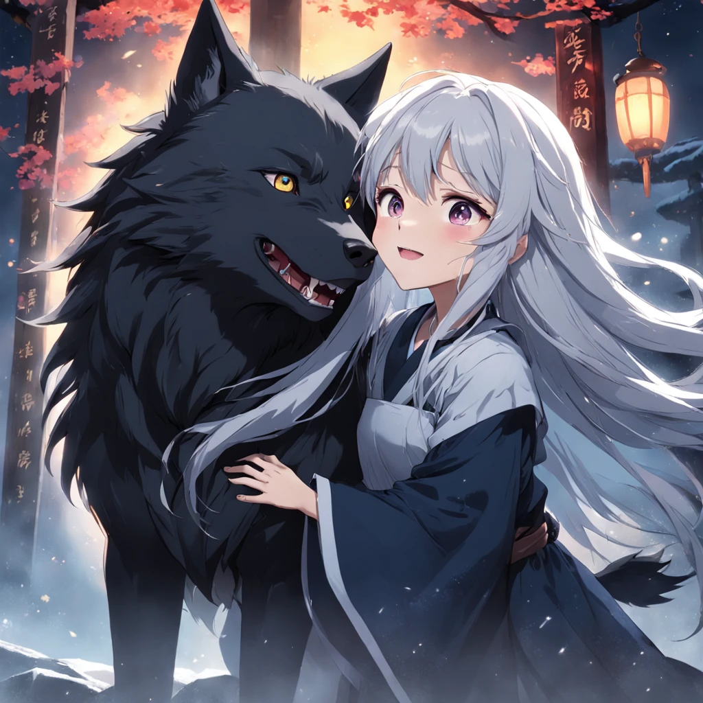 silver-haired girl,Stick out your arms、Trying to activate magic, Long hair fluttering in the wind. Despite his appearance around 12 years old, She is young々He has an evil smile that betrays his innocence.. For her part、A giant black wolf braces itself to protect her,masterpiece、top-quality、Movie stills、1girl、Cloud Girl、floating in sky、a closeup、发光、happiness、Warm soft lighting、the setting sun、(Spark:0.7)