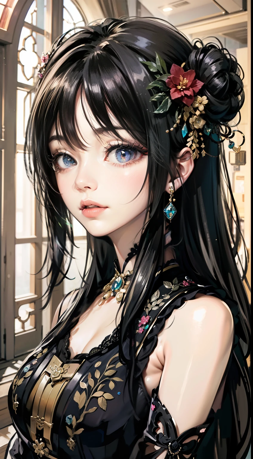 tmasterpiece,Highest high resolution,Dynamic bust of beautiful Chinese lady,Delicate black bun hair,Black clear eyes,The hair is covered with beautiful and delicate floral craftsmanship, Crystal jewelry filigree,Ultra-detailed details,upscaled。Cosmetic effects,softlighting。