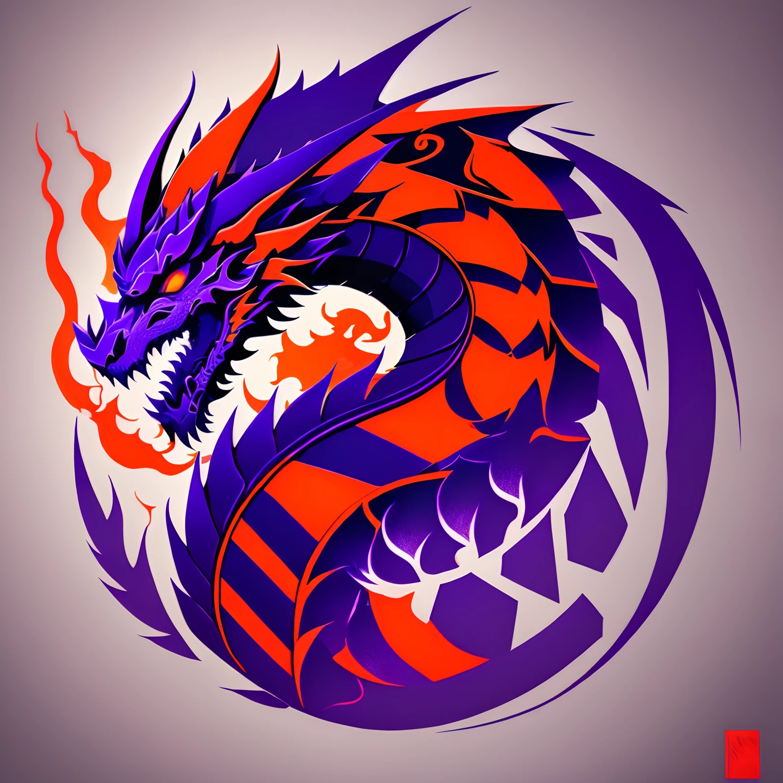 ((best qualtiy))，(tmasterpiece)，The symbol of the Chinese dragon，Graffiti style art logo，Dark purple and dark blue background，Bright orange，Minimalist and pure - dragons ，، simple，ultra - detailed，Detailed drawing，low-saturation，Low transparency，vectorised，clean backdrop，game texture，intricately details，contours，8K。
