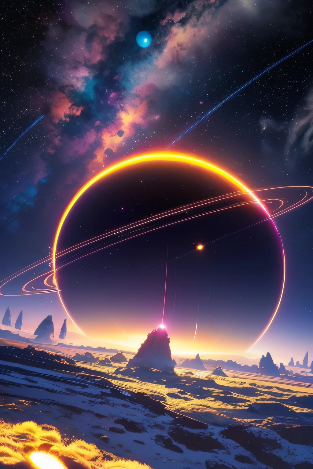 Close-up of planets with rings of fire in the sky, planet with rings, Ring World, ringed planet in the sky, 4k highly detailed digital art, parhelion atmospheric halos, arstation and beeple highly, sunset on distant machine planet, by Mike "beeple" Winkelmann, epic stunning atmosphere
