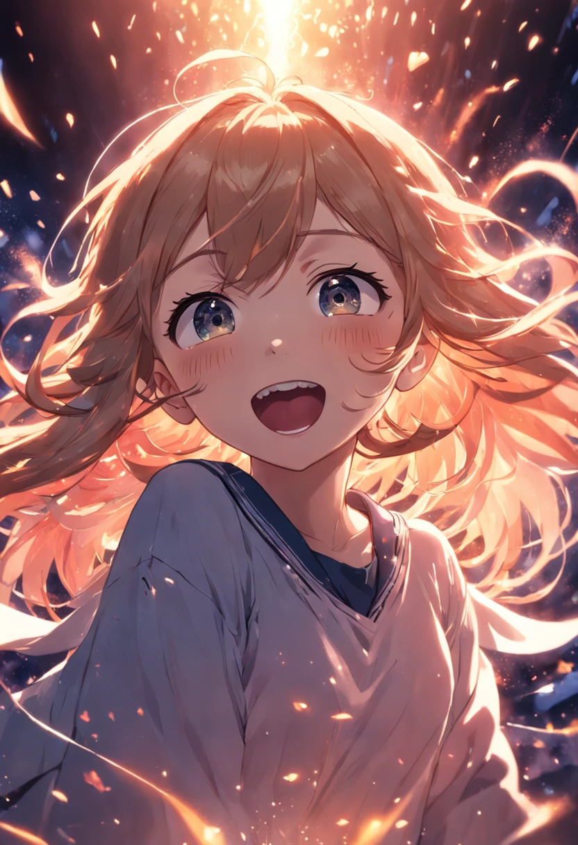 a girl, cosy sweater on, upper body, (huge Laughing:1.1), (open mouth:1.1), (wide open eyes:1.2), sun glare, bokeh, depth of field, blurry background, light particles, strong wind, (heart particles:1.1)