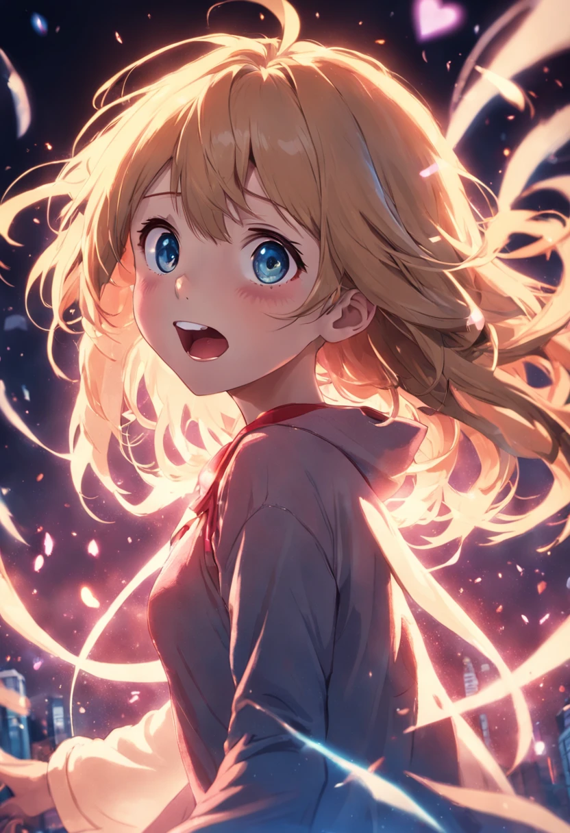 a girl, cosy sweater on, upper body, (huge Laughing:1.1), (open mouth:1.1), (wide open eyes:1.2), sun glare, bokeh, depth of field, blurry background, light particles, strong wind, (heart particles:1.1)