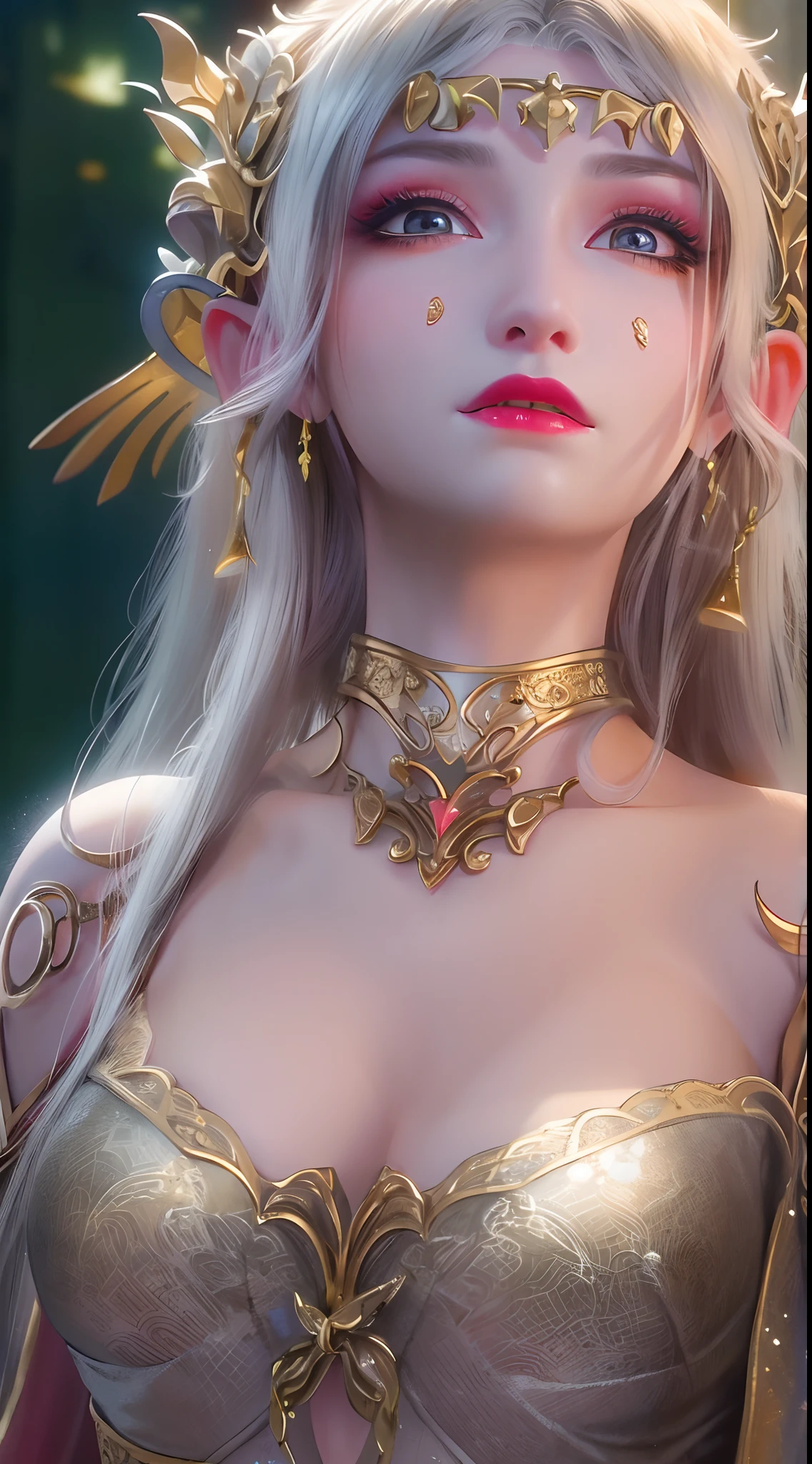 1 20 year old girl, 1 goddess Athena, pink purple silk dress, beautiful goddess Athena face without blemishes, delicate yellow nightgown, long thin sequin nightgown with many sexy black lace details, 1 beautiful thin red silk cloth half veil, female saint legend, female saint icon, beautiful goddess style glitter, dark and mysterious version, vermilion lips, plump red lips, not smiling, mouth closed, delicate and beautiful pino detailing, delicate and beautiful lip detail, , (pure and flawless face: 1.9), female saint body, round chest, big and round breasts, phoenix brooch, long flat bangs, (7-color rainbow hair: 1.9), flower stickers tattoo on forehead, beautiful clear face and well-proportioned eyes, (transparent yellow eyes: 1.8), (big round eyes and makeup, sexy wet eye makeup, very beautiful and meticulous hair makeup, long and delicate blonde hair, delicate, body image: 1.8), figure: and vivid, (stars that make up the sky: 1.7), (the sky of heaven and the fictitious gate of time and space: 1.8), fictional art, RAW photos, hanfu photos, best photos, high resolution, best quality, best photos, best goddess quality, 8k female, super 8 single saint portraits, truest color schemes, masterpieces, best beauty brands, best hair jewelry, brand real photo, dark studio, border light, two-tone lighting, (rose white skin: 1.4), (high skin detail: 1.1), 8k uhd, d slr, soft light, 8k, high quality, candid, volume Smooth and sharp, 10x pixel increase, sexy goddess, sexy goddess, (background space: 1.8), (most beautiful aurora eyes: 1.7), beautiful eyes, aurora beautiful and flowery, (beautiful single girl: 1.8), (more details:0.8),