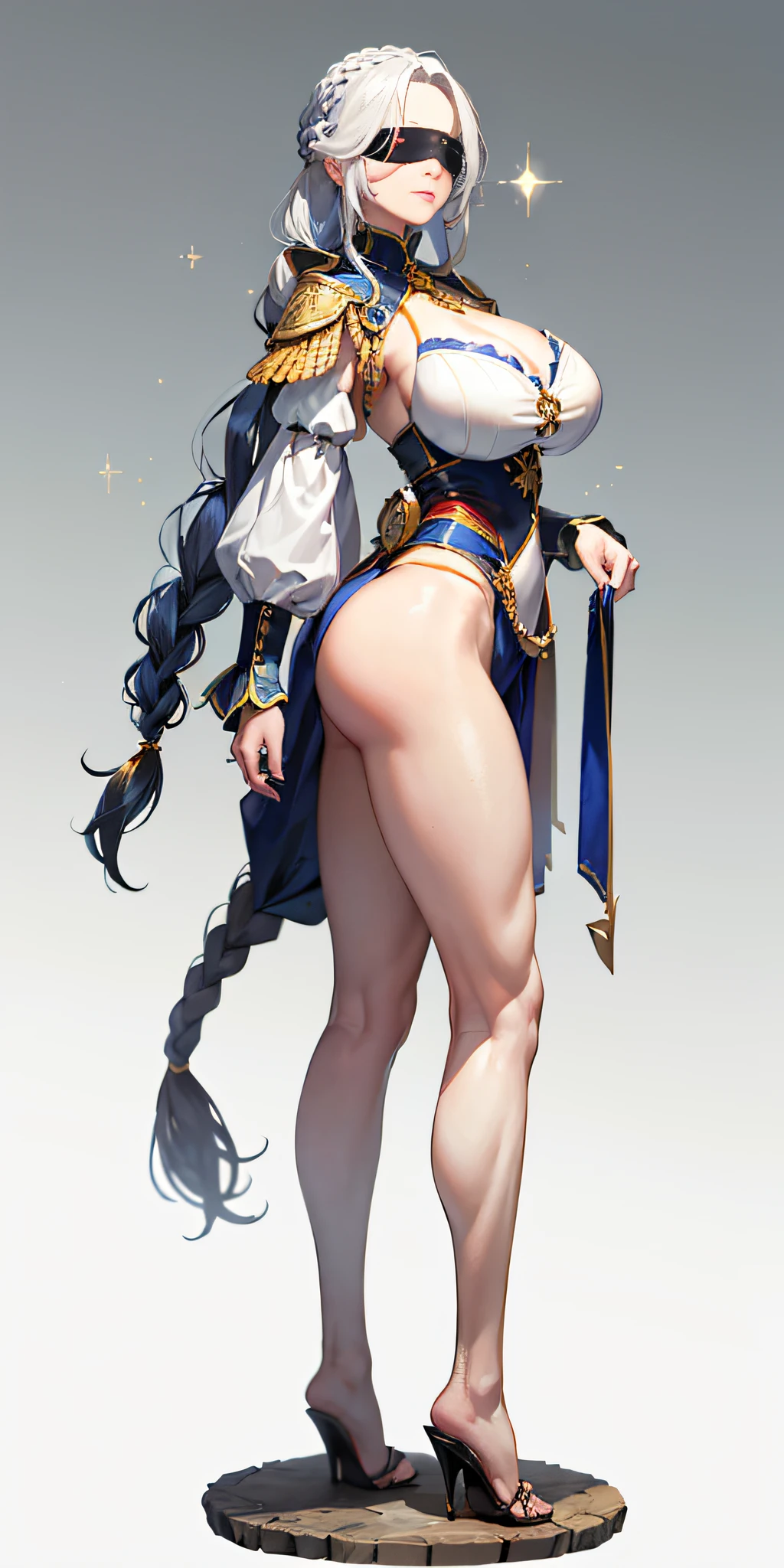 (masterpiece, hiquality: 1.1) 1girl full body standing good face, nice ass, hairstyle: braid, Color Hair: White long hair, Blindfolded: NO EYES, Skin: White (porcelain skin, sparkly skin), muscular, thights, mature woman, abs, looks at the viewer smiling, extremely huge breasts, maternal, chest cover with clothes