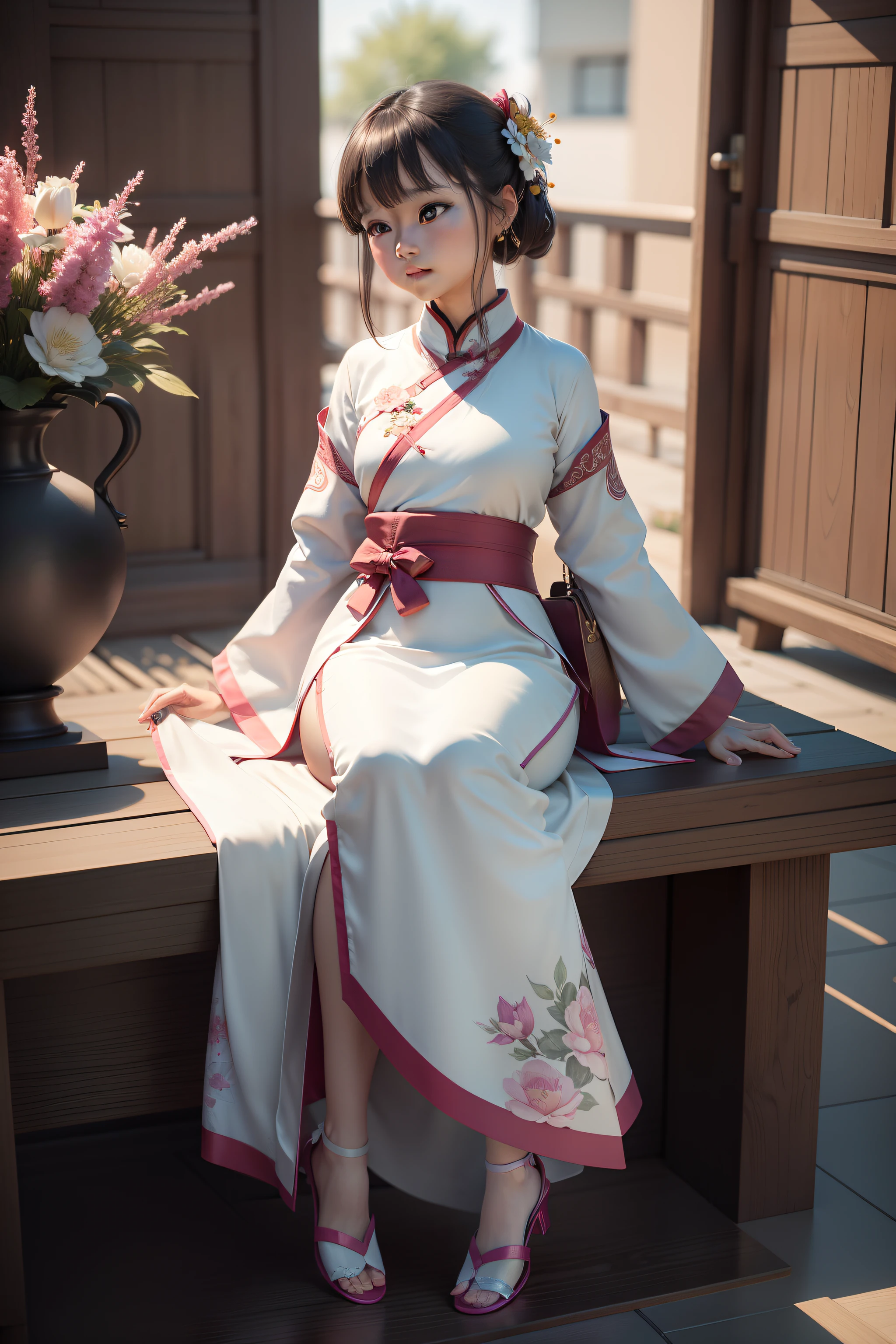 a Super cute girl Wearing traditional Chinese Hanfu,clean bright spring background, flowers, dreamy, full body, looking at viewer, Super Details, clean Background, IP by pop mart, mockup blind box, edge lighting, chiaroscuro, 8K, best quality, ultra - detail, 3D, C4D, Blender, OC renderer, ultra HD, 3D rendering --niji 5 --style expressive --q 0.5 --s 100 --iw 0.5