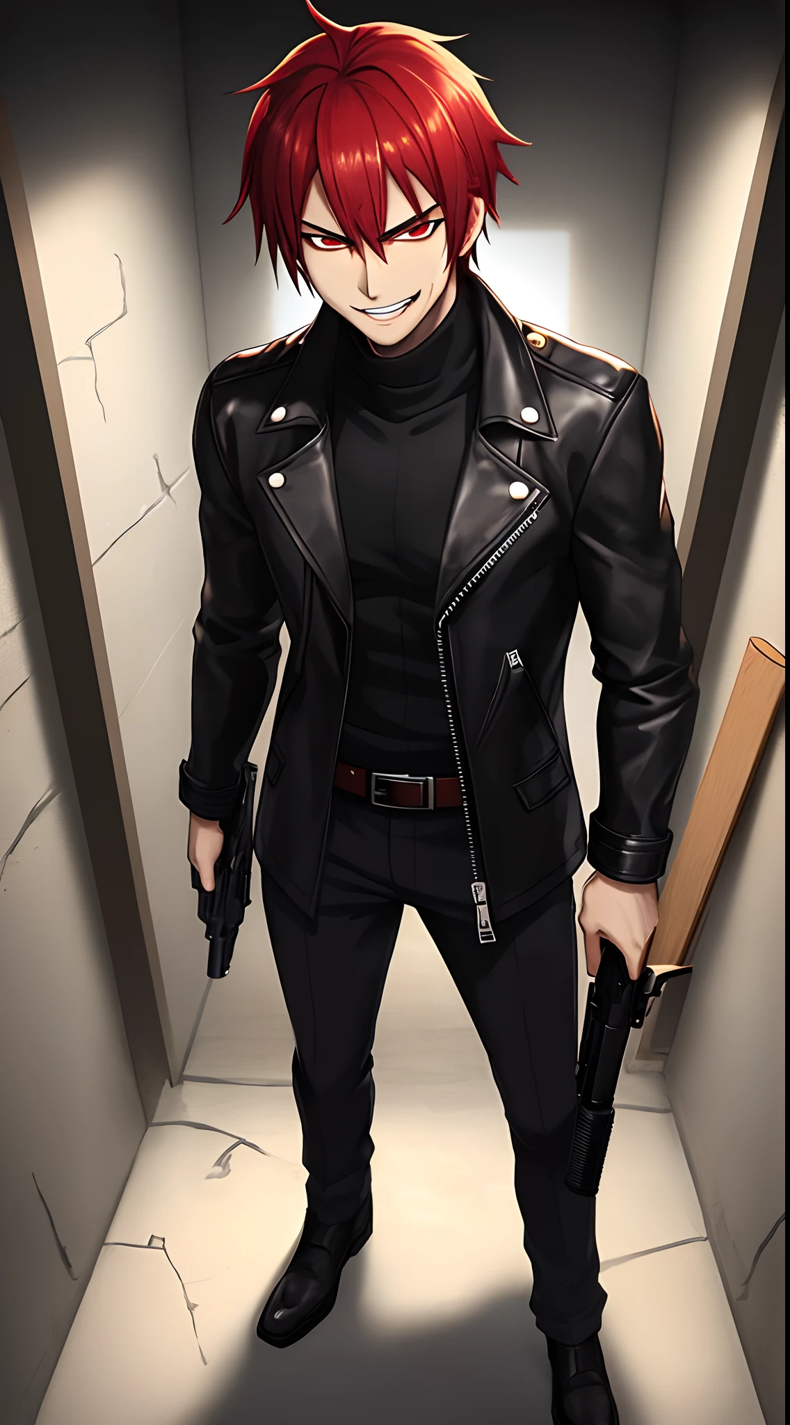 1 boy, sexy, mad, anime, shiny eyes, smirk, evil, bad boy, good quality, good anatomy, leather coat, gun, crazy, red eyes, evil smile, basement, dark illumination, red hair