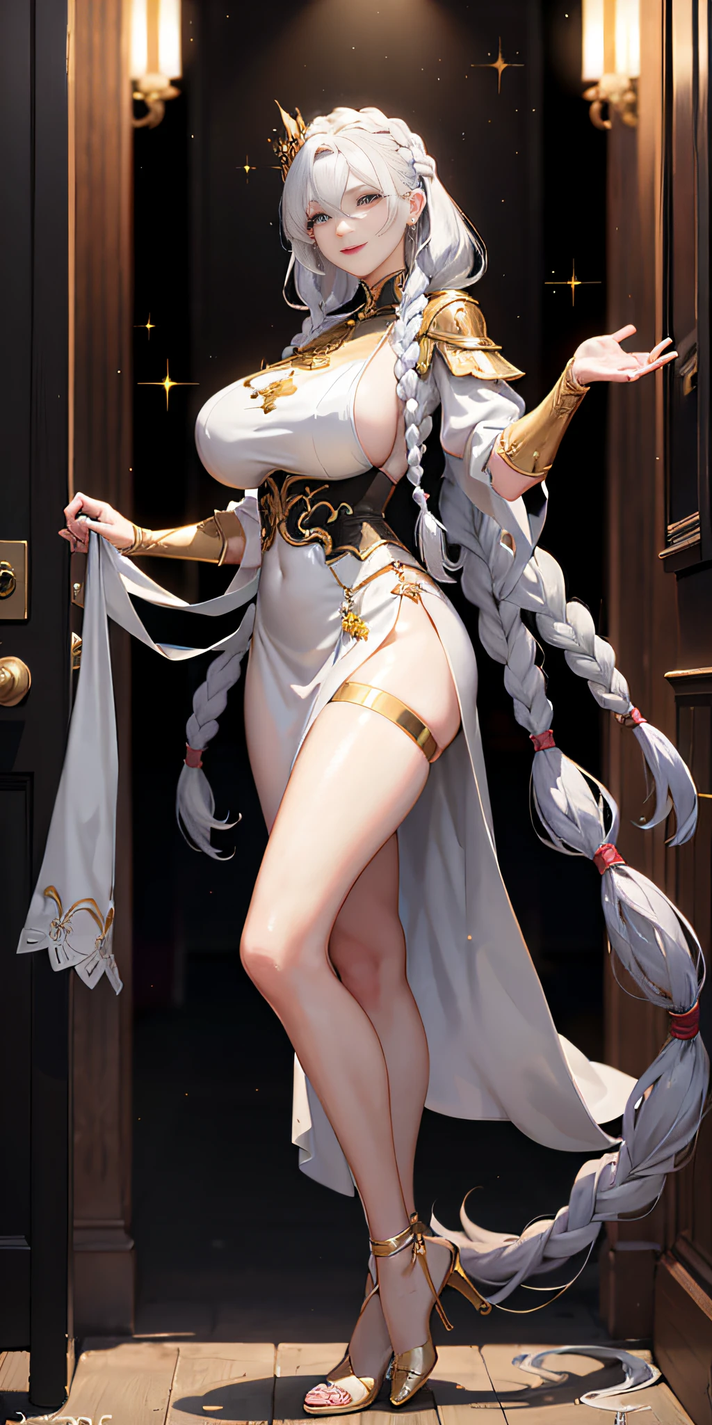 (masterpiece, hiquality: 1.1) 1girl full body standing good face, nice ass, hairstyle: braid, Color Hair: White long hair, Blindfolded: NO EYES, Skin: White (porcelain skin, sparkly skin), muscular, thights, mature woman, abs, looks at the viewer smiling, extremely huge breasts, maternal, chest cover with clothes