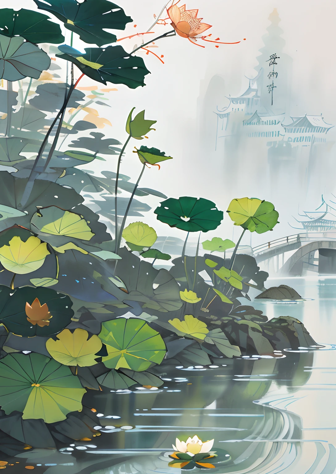 white backgrounid,There are fish,there are waters,There are lotus leaves,There are dew drops on the lotus leaves,China-style,There are buildings