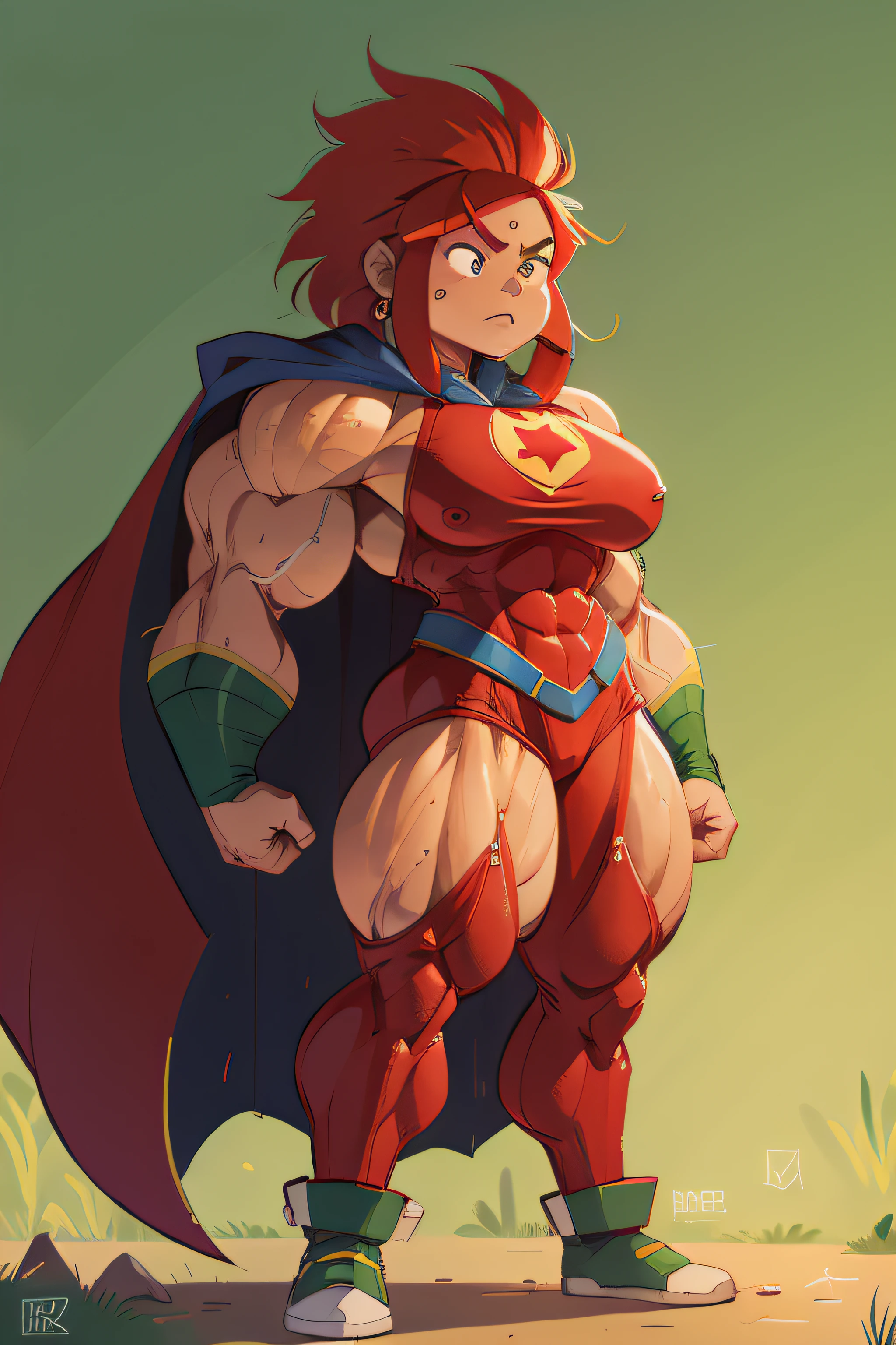 Jackie martin flexing muscles with dreadlocks wearing superhero outfit with cape, muscle woman, big muscles, red hair, green eyes, huge muscles, massive muscles, mature woman