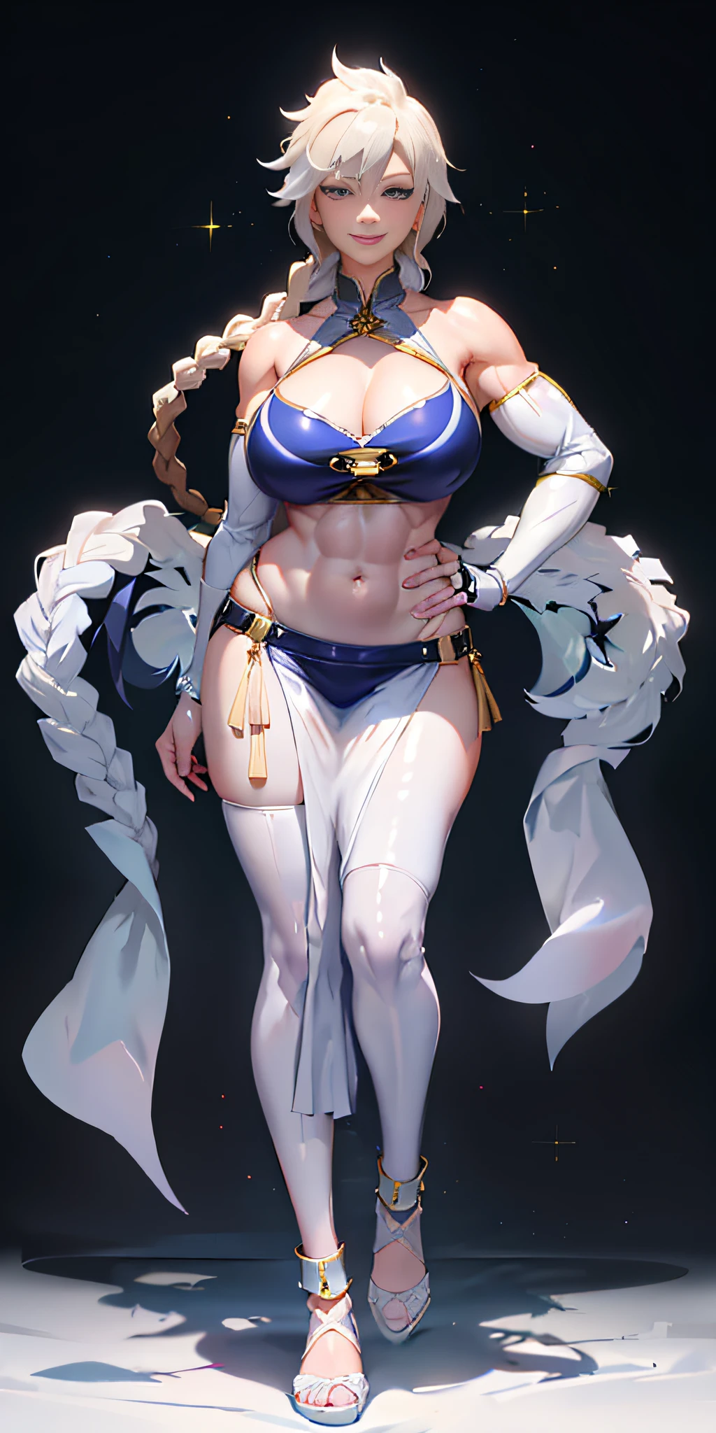 (masterpiece, hiquality: 1.1) 1girl full body standing good face, nice ass, hairstyle: braid, Color Hair: White long hair, Blindfolded: NO EYES, Skin: White (porcelain skin, sparkly skin), muscular, thights, Mature woman, Abs, looks at the viewer smiling, Extremely huge breasts, maternal, chest cover with clothes