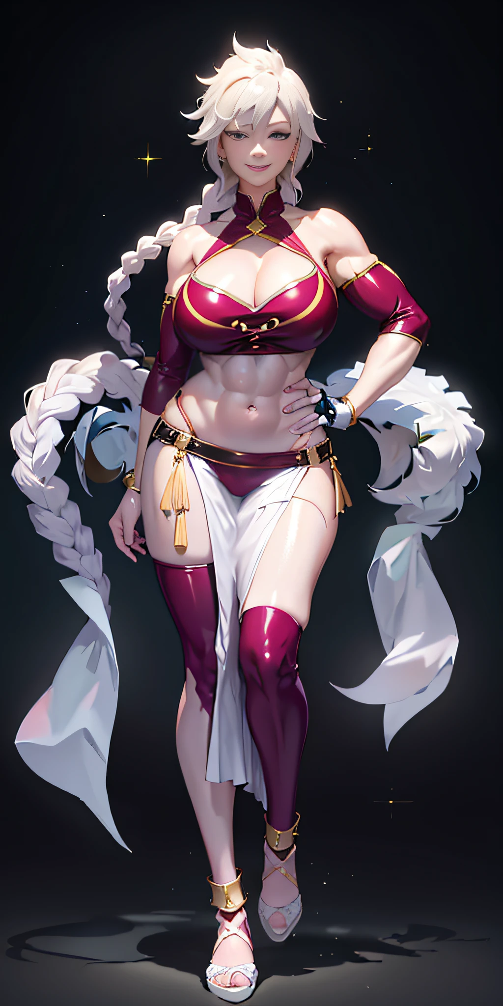 (masterpiece, hiquality: 1.1) 1girl full body standing good face, nice ass, hairstyle: braid, Color Hair: White long hair, Blindfolded: NO EYES, Skin: White (porcelain skin, sparkly skin), muscular, thights, Mature woman, Abs, looks at the viewer smiling, Extremely huge breasts, maternal, chest cover with clothes