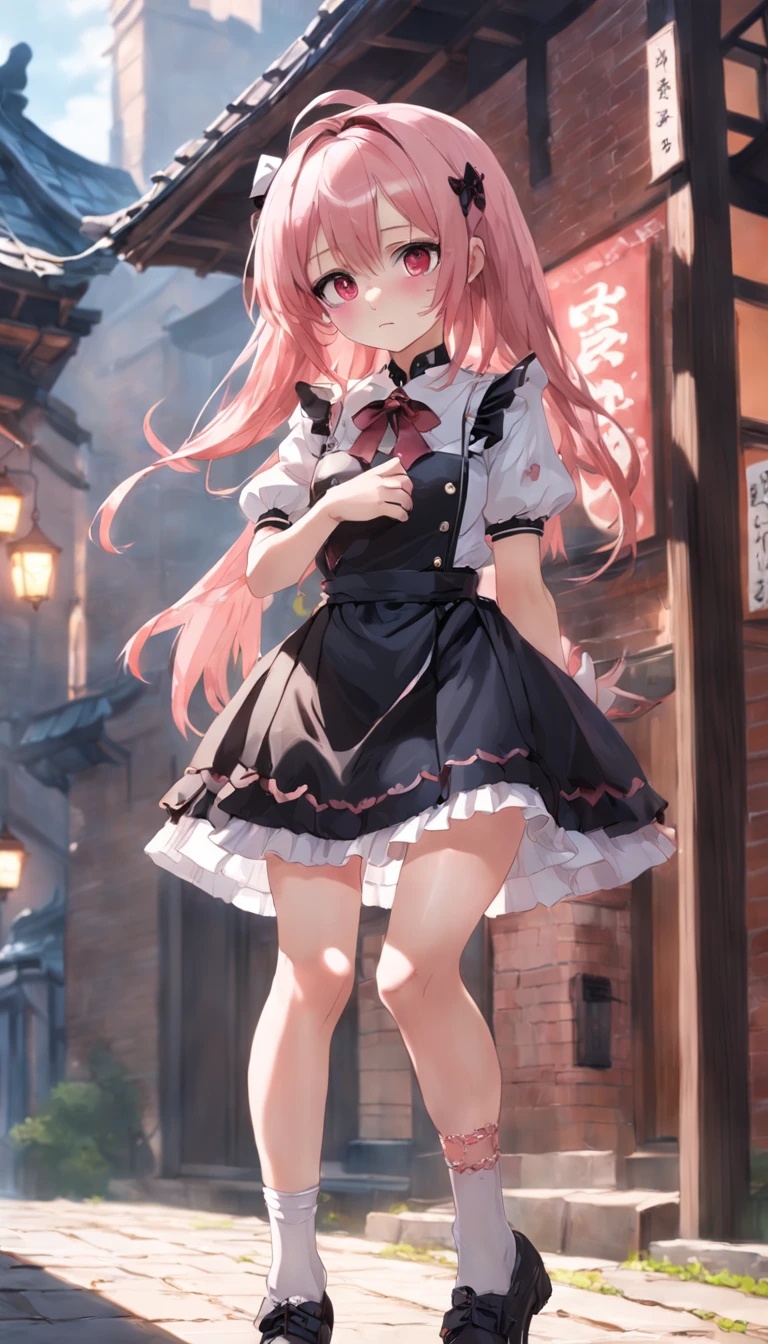 Highly detailed CG integrated 8k wallpaper, Very detailed 8KCG wallpaper, absurd, ,highest quality ,super detailed ,beautiful face ,wing,(((a girl is standing))) ,1 girl, solo,hair between eyes, bangs,頭からchestまで、(((A mini skirt with suspenders and frills))),(((長い髪とa bit外側,,,,,,,,,))),red eyes,show from head to waist, 平らなchest,a bit,,closed_mouth,small_chest,Panty shot