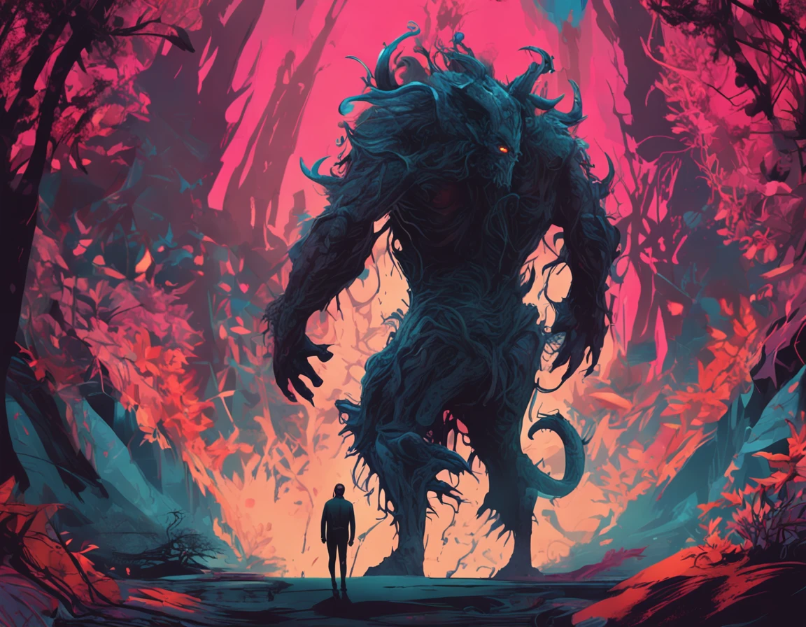 Abstract art of a shadow demon seducing a man in a forest ,Monster,8K, Super detail, ccurate, Full body like,Best quality, Masterpiece, Super detail, High details, High quality, Best quality, A high resolution