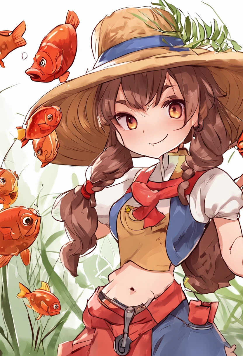 Chica de dibujos animados con sombrero y red de pesca, ((Shary)) Chica entrenadora de insectos, Usando un pescador 🧥, protagonista femenina 👀 :8, Chihiro! Fujisaki, Exploradora Femenina Mini Chica Linda, Fanart, Fanart oficial, Fanart de alta calidad, Personaje de Touhou, Abigail desde Stardew Valley, Retrato de cuerpo entero de un corto!, Estilo en estilo anime ghibli, resina,Characters of the Q version