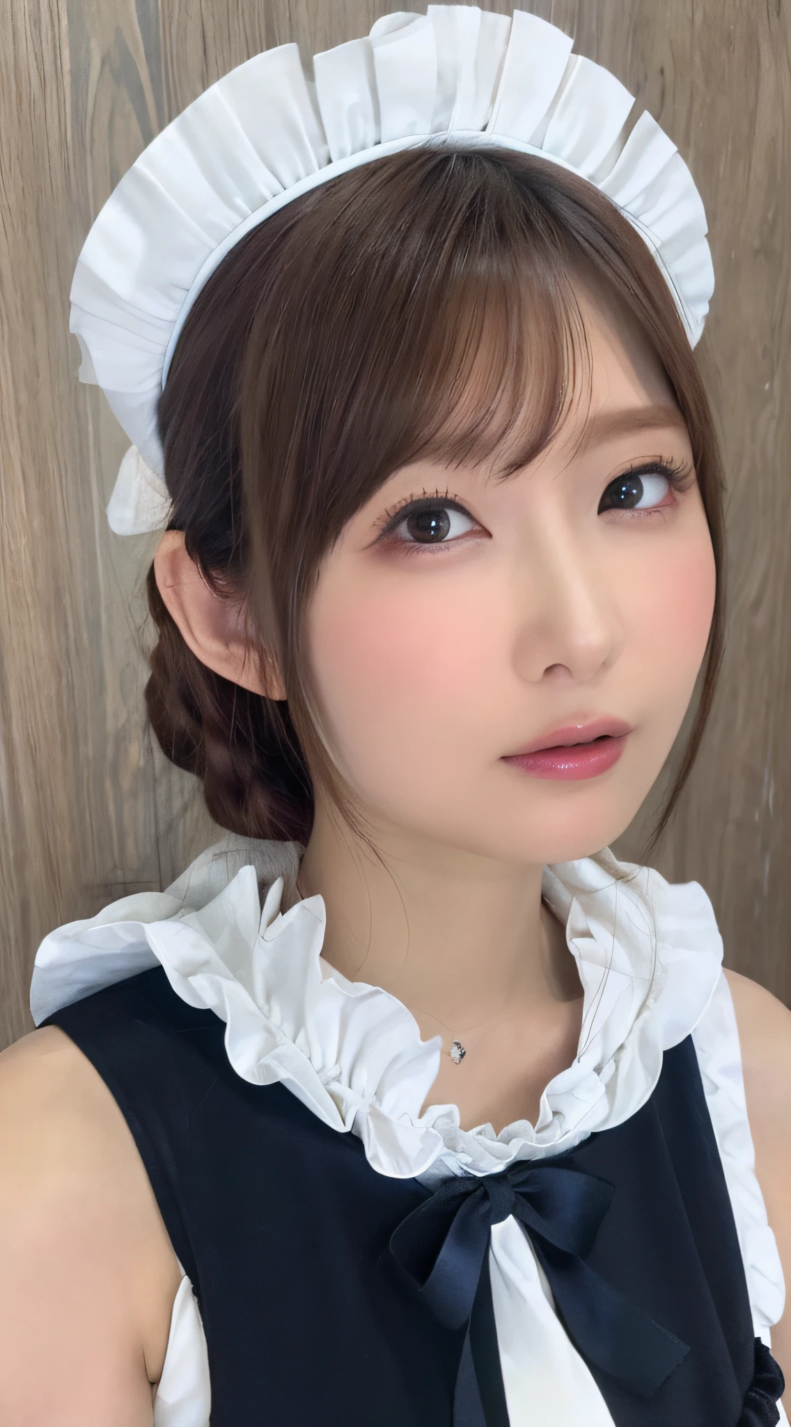 masutepiece, Best Quality, Illustration, Ultra-detailed, finely detail, hight resolution, 8K Wallpaper, Perfect dynamic composition, ((close up:1.3, from above, lookin at viewer)), Beautiful detailed eyes , (wearing Cotton Maid Costume, , Cute Ruffle Girl Dress, maid headband, color base on white black blue),