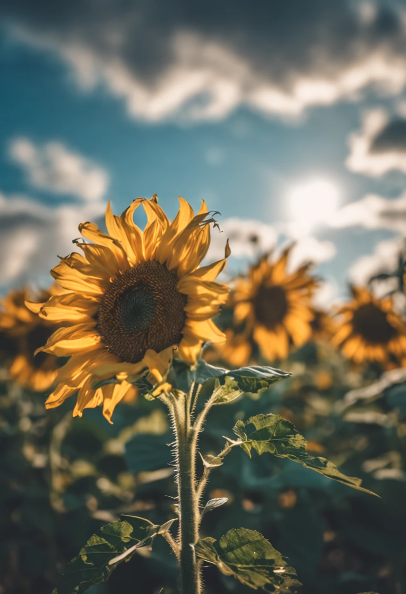 Clear blue sky,A sunflower field、unreal enginee 5, Cinematic, low angle photo, Motion Blur, depth of fields, Perfect color grading. ultra-detailliert, Beautiful, insanely detaileda, Intricate details, Editorial Photography, Shot with a 50mm lens, depth of fields, Tilt Blur, Shutter Speed 1/1000, F/22. Lightmaps, Super bright