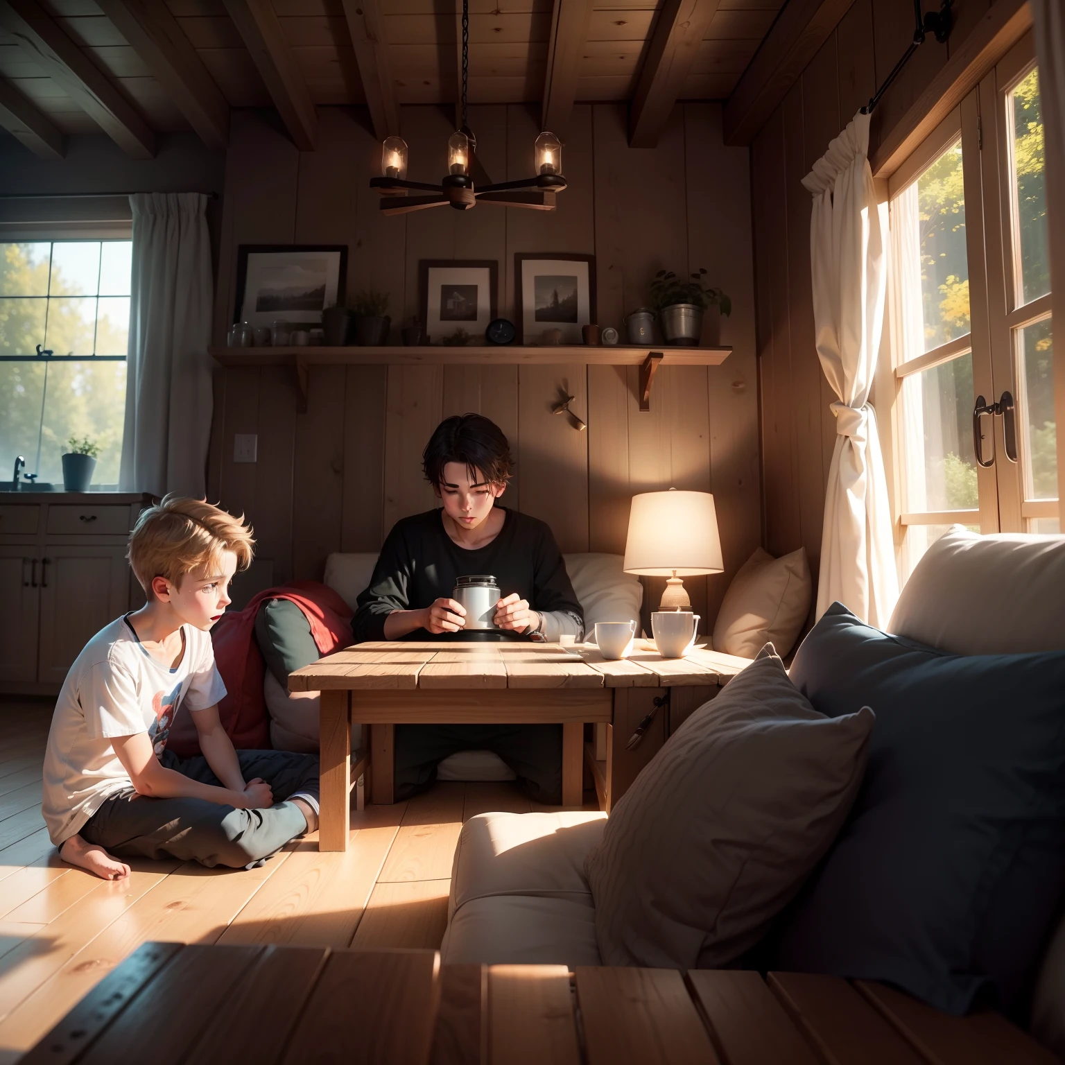 Boys play games at home,Brush drama leisure,Relaxing scene,Cosy cottage,cozy environment,8k,hyper HD,Ultra-realistic graphics