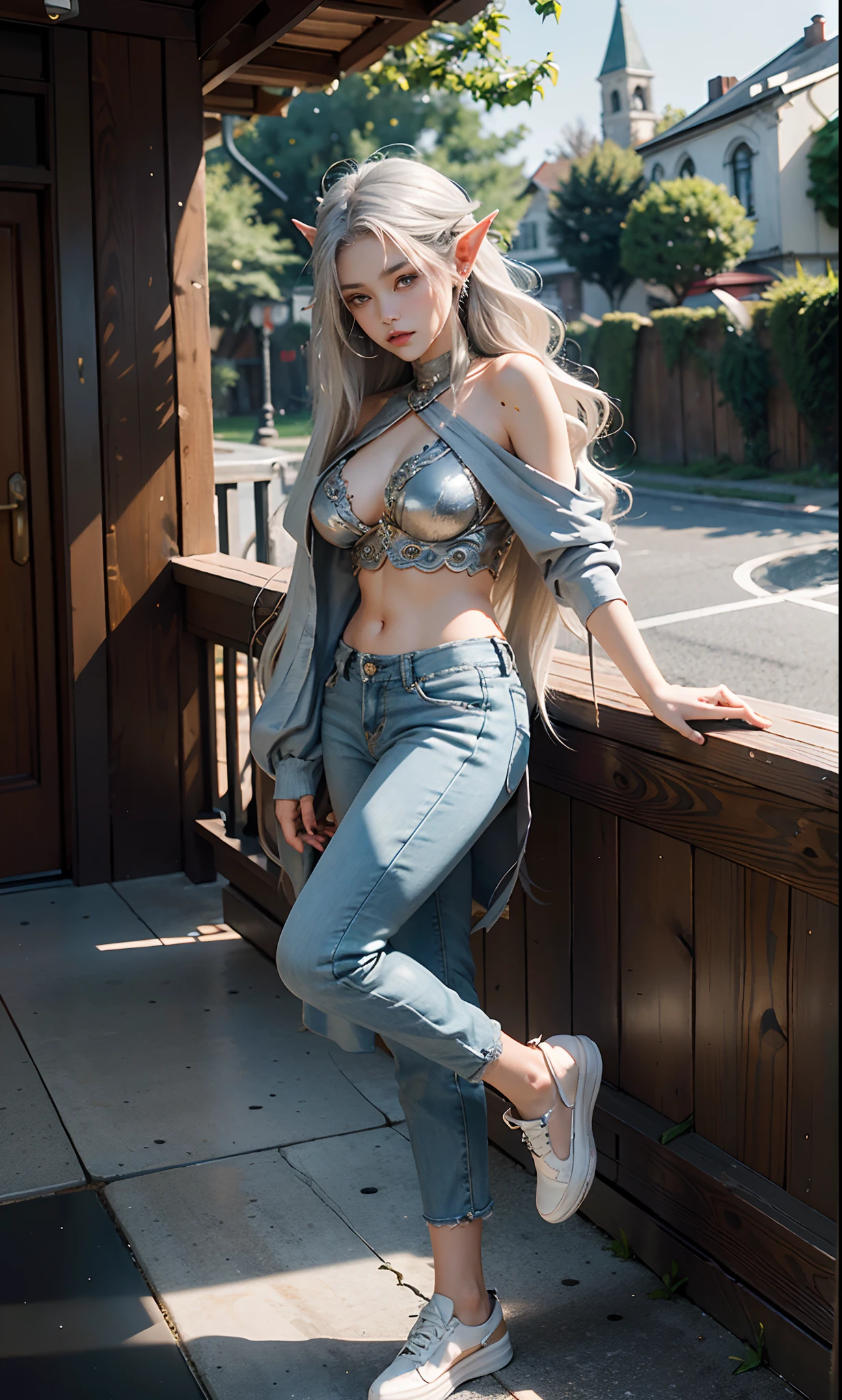 （rainy day：1 silver-haired girl, girl）， tmasterpiece， best qualtiy， RAW photogr， realisticlying， faces， incredibly absurd res， Beautiful elf beauty， whole body Dripping wet， (Long silver hair)， ((fullnude))，veils，white stockings，Silver High Heels，depth of fields， hight resolution， ultra - detailed， Filigree， RAWE is very detailed， extremely detailed eye and face， Sharp pupils， pupil realistic， tack sharp focus， cinmatic lighting，full body Esbian，Small，long legged，from the front side，Main street on a rainy day，dynamicposes