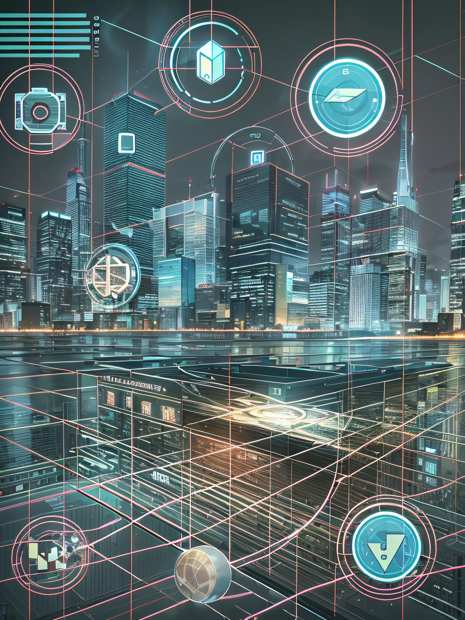 Generate engaging visual collages for video introductions. Includes a combination of stylized trading charts and currency symbols, Float around gently. Superimpose these elements on a background that resembles a high-tech trading floor or a city skyline at night.