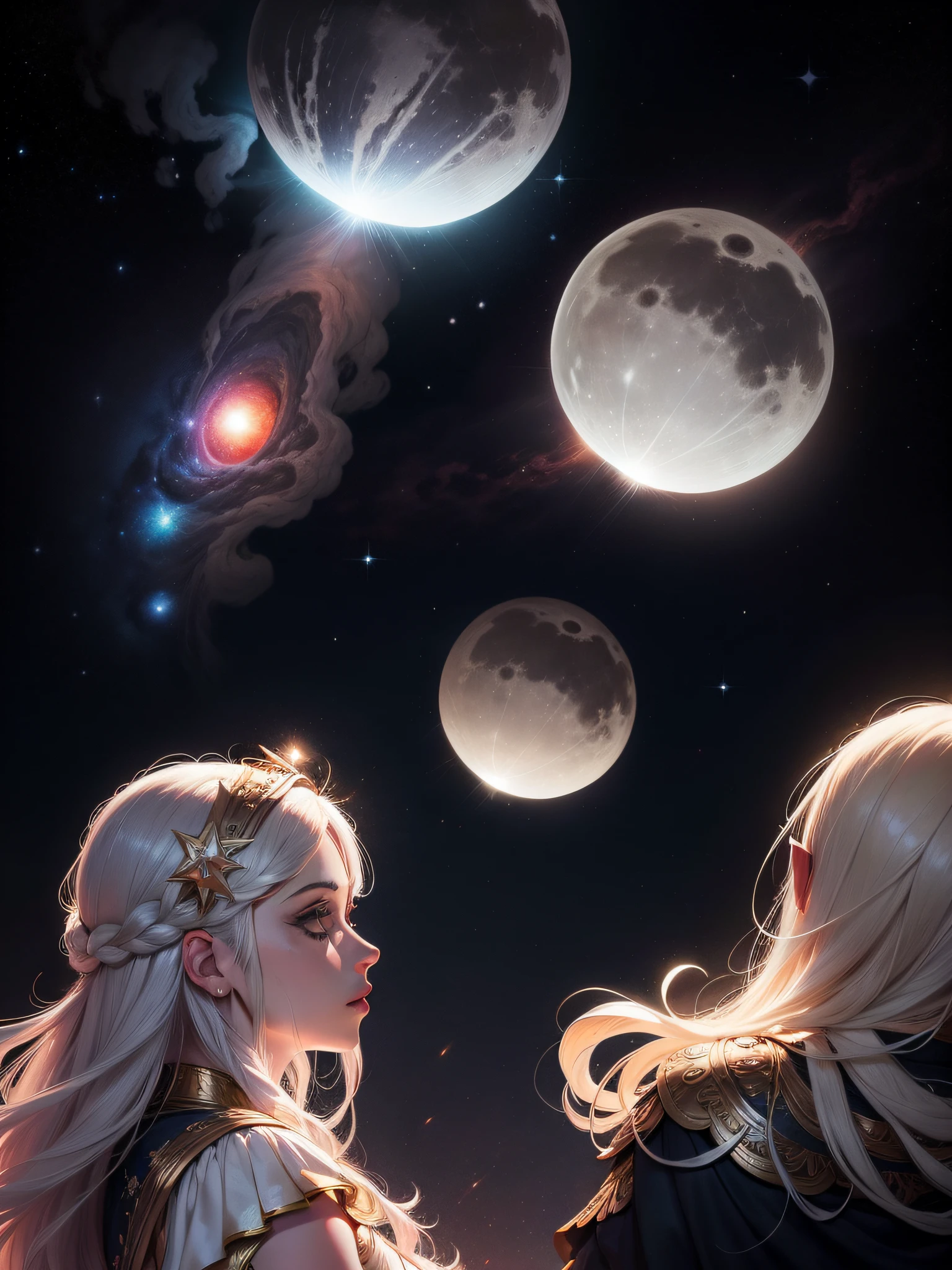 "Moons of Jupiter, galaxia nebulosa, color completo, luces brillantes, estrellas". epica ecena