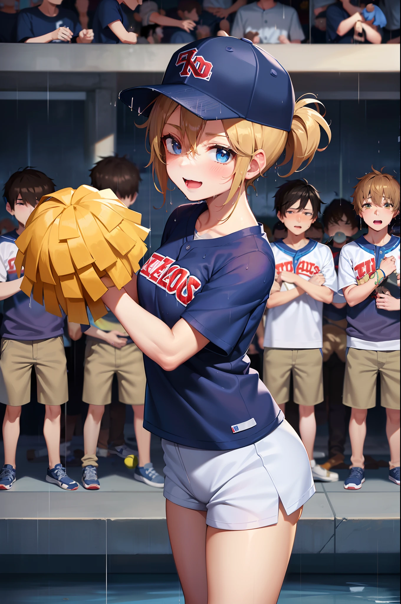 1girl in, cheer girl, Baseball Stadium.(By the stairs). (In the rain:1.5). (Pom-poms used for cheerleading).(Cap).(Shorts).(Short sleeve).(4+Boys:2). (Bright and cheerful smile).master piece, High resolution, Ultra high definition, of the highest quality, Very detailed, Professional Lighting, of the highest quality, spectator seats, Packed auditorium, Forehead, Ponytail, By the stairs, (Baseball Stadium))), at noon, Cap, (Forehead), photographer, (((Watching Baseball))). Anatomically correct, high details. Perfect Anatomy, Best Quality, Textured skin, Super Detail .(Pom-poms used for cheerleading).Hair Band