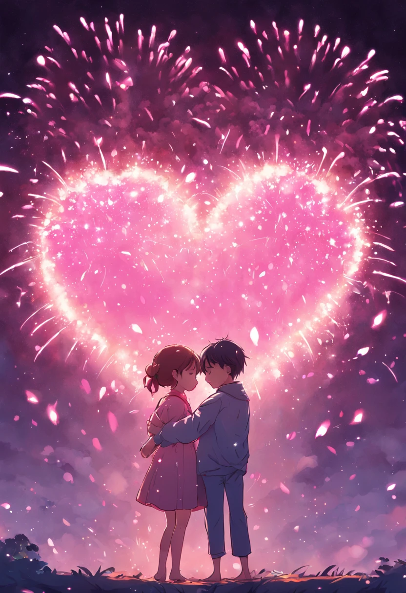 the night,In pink,Fireworks all over the sky,Heart-shaped bubbles,Child couples,Cartoony,Chubby little girl and little boy hugging each other,Glowing fireflies around,,Cute and cute,KIDS ILLUSTRATION,Glow effects,Dingdall effect,depth of fields,high light,Real light,Ray traching,oc rendered,Hyper-realistic,best qualtiy,8K,Works of masters,super-fine,Detailed pubic hair,Correct anatomy,sharp focus on eyes,Bokeh,Facial features are carefully depicted (( details face)