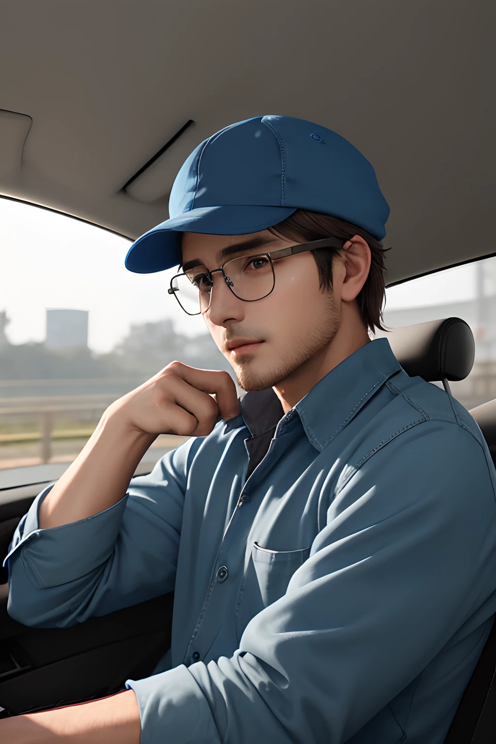 guys in their 30s、Brown hair、Wear a blue hat、Wearing a long-sleeved blue shirt with buttons、Forward portrait of handsome man face wearing transparent industrial safety glasses、Stoic and gentle appearance、30-years old、Car servicing